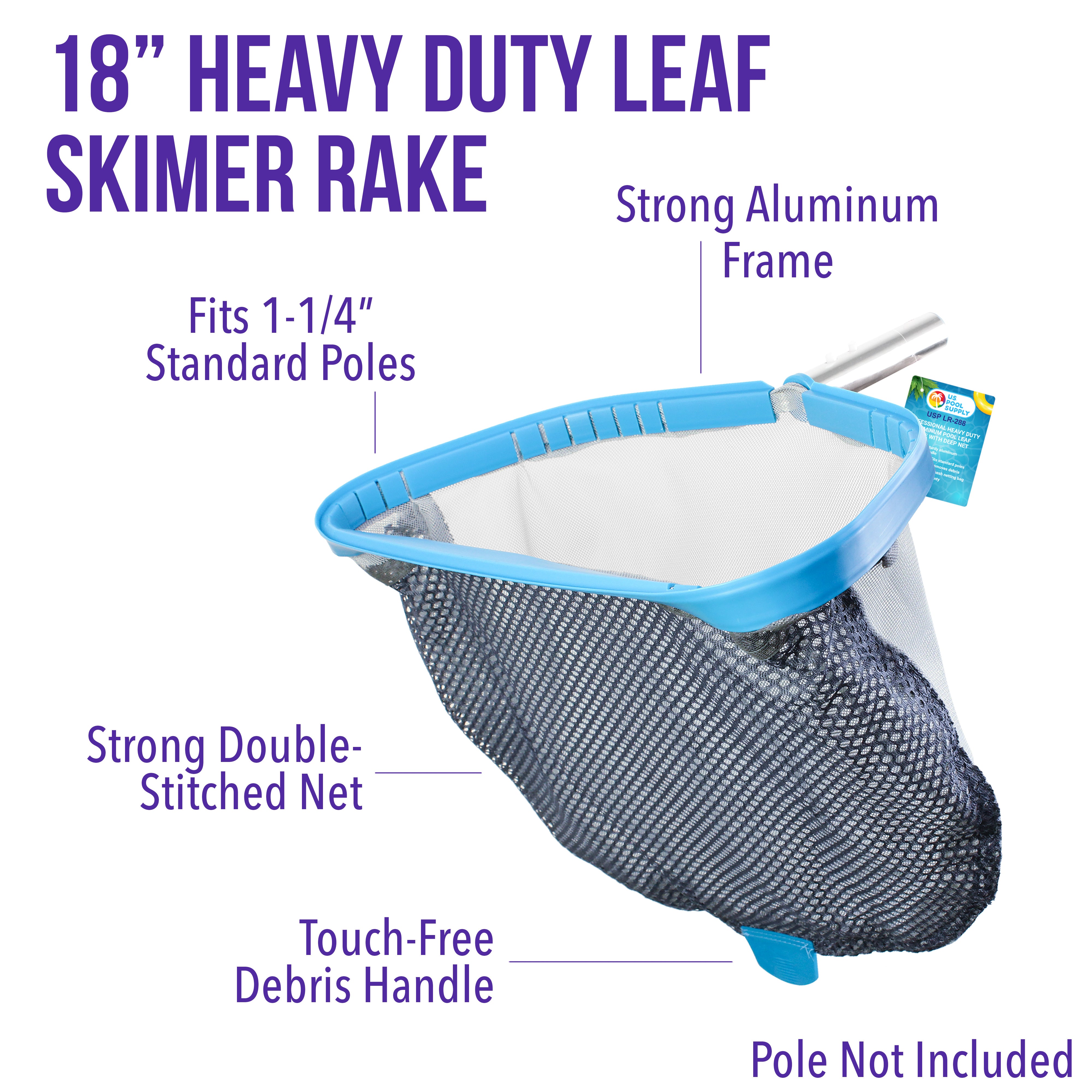 U.S. Pool Supply® Heavy Duty 18-Inch Swimming Pool Leaf Skimmer with Deep Double-Stitched Net Bag & Durable Aluminum Frame - Perfect for Cleaning Leaves, Debris in Inground/Above Ground Pools