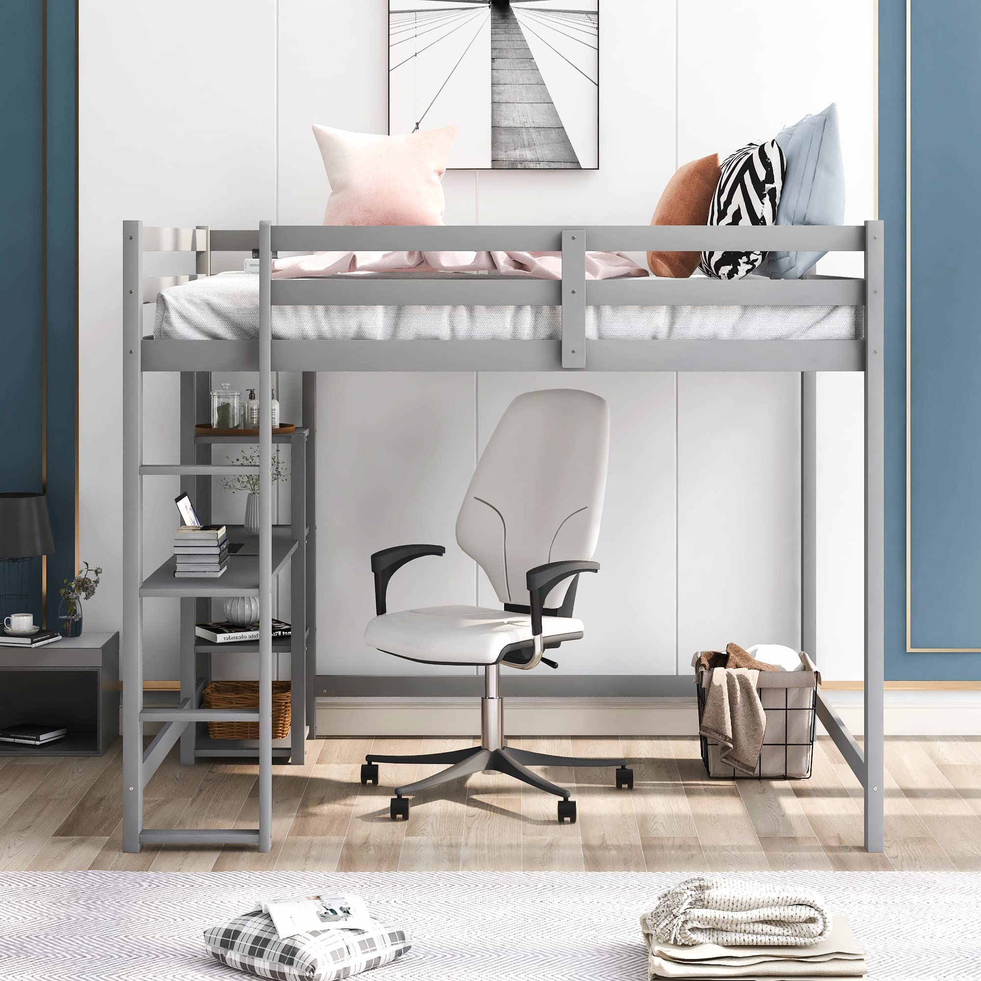 SOFTSEA Full Size Loft Bed with Storage Shelves & Under Bed Desk - Solid Wood Space Saving Bed Frame for Kids, Teens & Juniors - Grey - Perfect for Small Bedrooms, Dorm Rooms & Studio Apartments
