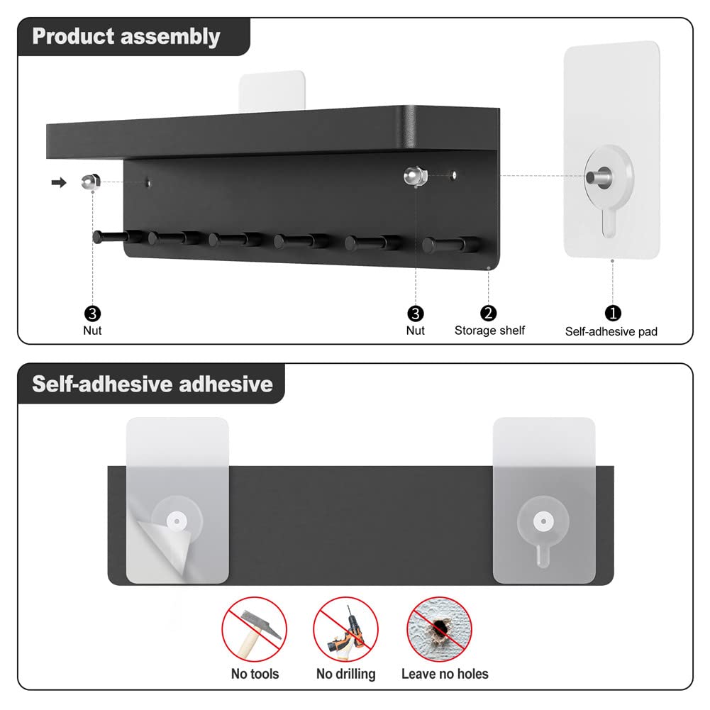 6-Hook Wall Mount Key Holder with Mail Organizer - No Drill Adhesive Key Rack with Tray for Entryway, Hallway, Kitchen & Office - Perfect for Home Organization & Space Saving (Black)