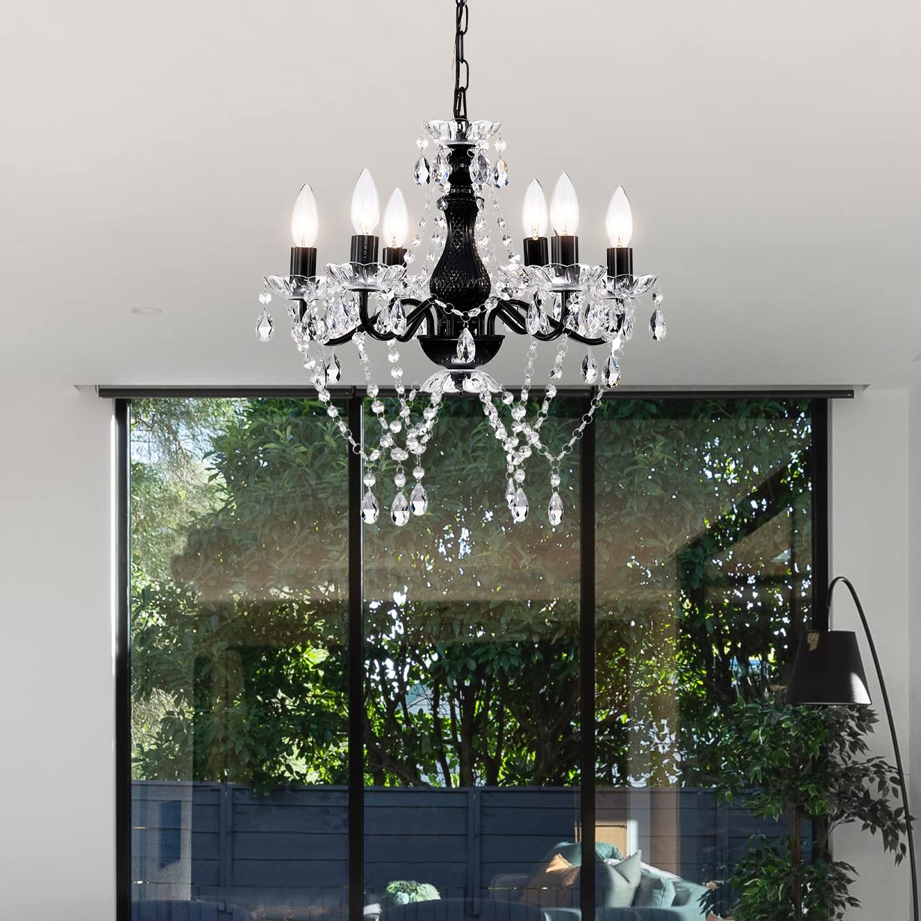 Modern Black Crystal Chandelier - 6-Light Candle Style Lighting Fixture for Dining Room, Living Room & Bedroom | Elegant Ceiling Light for Home Decor, Wedding Venues & Restaurants