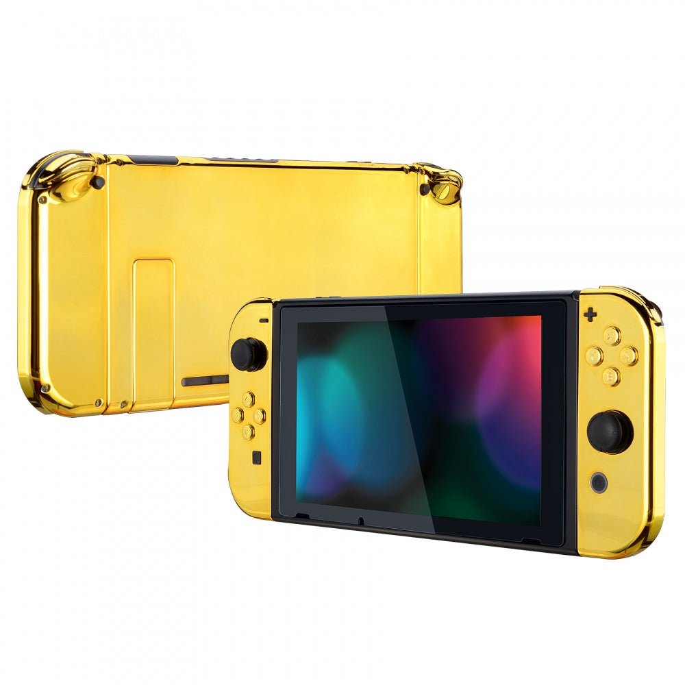 eXtremeRate Chrome Gold Nintendo Switch Joycon Controller Shell - Full Set DIY Replacement Back Plate with Buttons for Handheld Gaming | Perfect for Custom Mods & Console Upgrades