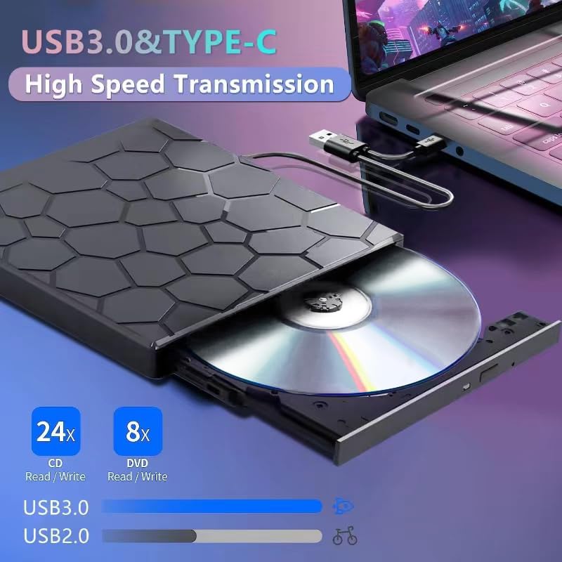 Portable External USB 3.0 CD/DVD Drive - 8-in-1 DVD-ROM +/-RW Burner & Reader for Laptop, Desktop, Mac, Windows 11/10/8/7, Linux - Perfect for Home Office, Travel & Media Backup