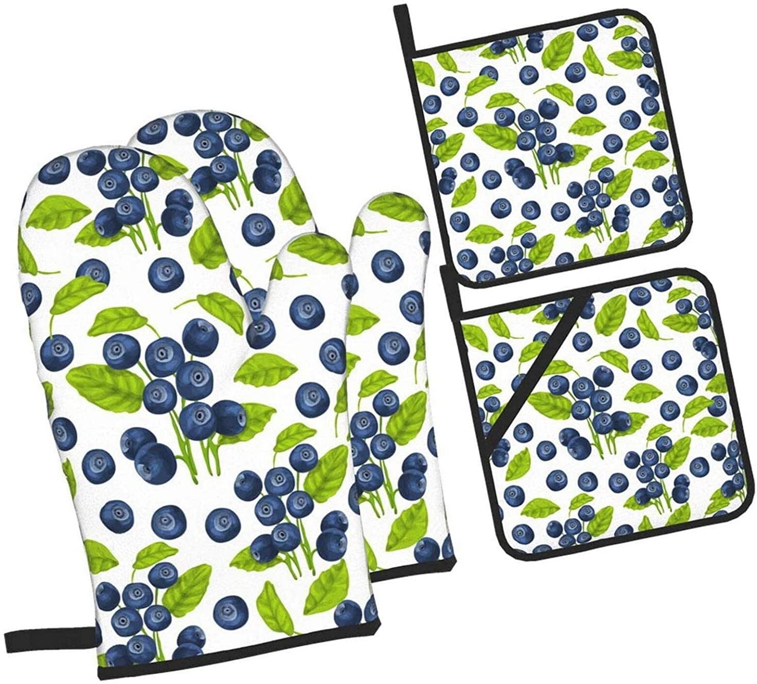 Blueberry Pattern Oven Mitts & Pot Holders Set - 4 Piece Heat Resistant Kitchen Baking Gloves for Cooking, Baking, BBQ & Grilling - Perfect for Home Kitchen & Outdoor Barbecue