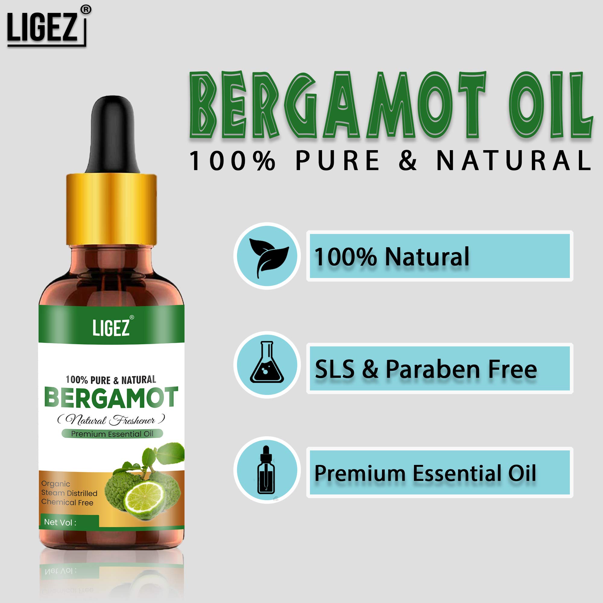 Ligez 100% Pure Natural Bergamot Essential Oil - 2 Pack (30ml Each) for Aromatherapy, Diffuser, Massage & Stress Relief