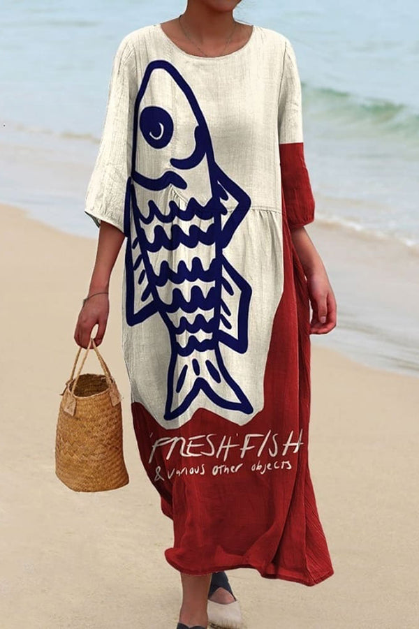 Stylish Marine Print V-Neck Short Sleeve Midi Dress for Women | Beach Vacation, Summer Party & Casual Outfit