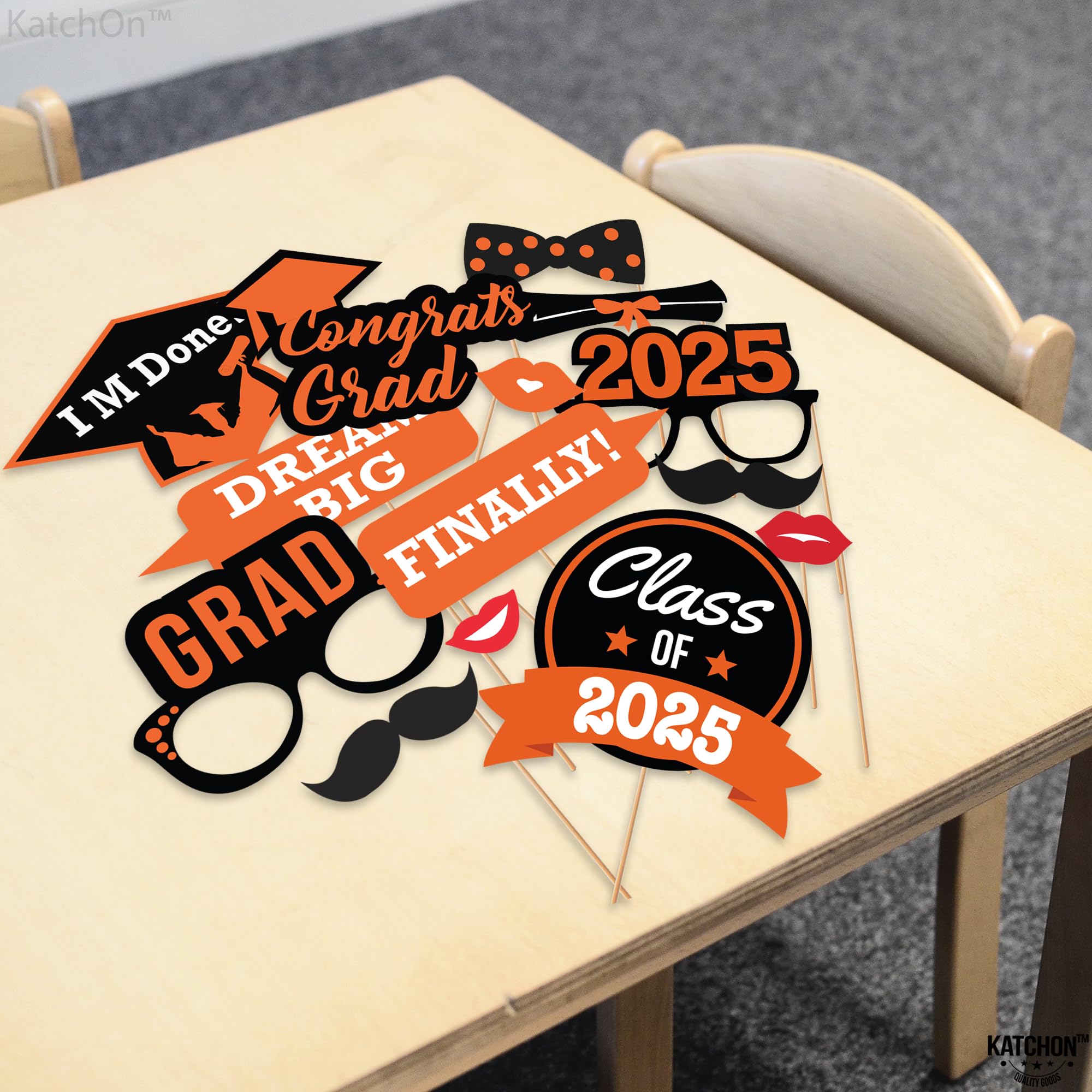 **KatchOn 2025 Graduation Photo Booth Props - Pack of 21 | Orange & Black Graduation Decorations for Class of 2025 | Perfect for Graduation Parties, Photo Booths & School Events**