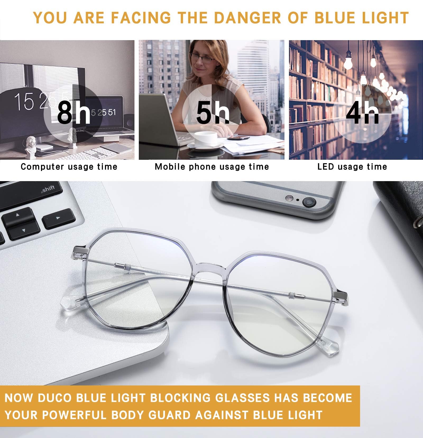 DUCO Blue Light Blocking Glasses for Men & Women - Anti Eye Strain Computer Glasses, Gaming Glasses with UV Protection - Retro Square Frame Style 5218 - Perfect for Office Work, Online Classes & Nighttime Screen Use