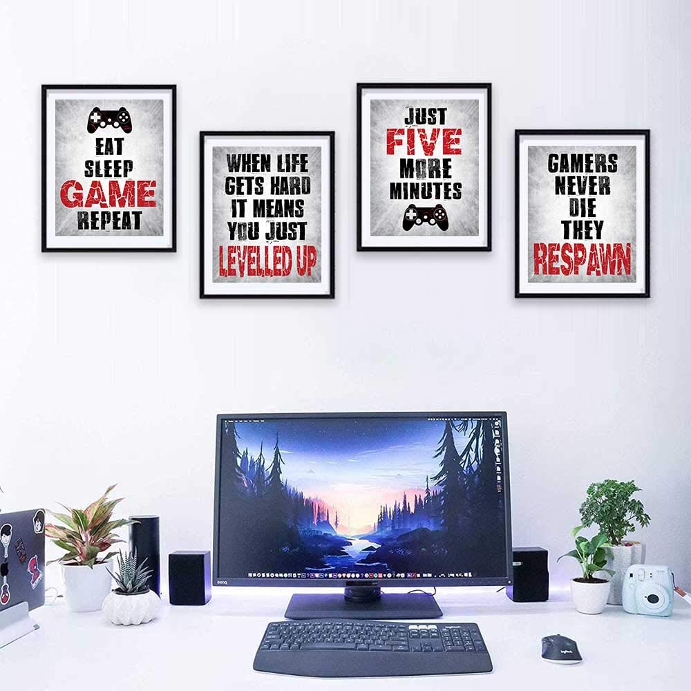 Gamer Wall Art Set of 4 - 8”X10” Video Game Room Decor for Boys & Teens - Motivational Quote Prints for Bedroom, Kids Room & Gaming Space - Perfect Gift for Gamers & Sons - No Frames Included (Ideal for Gaming Rooms, Teen Bedrooms & Gamer Gifts)