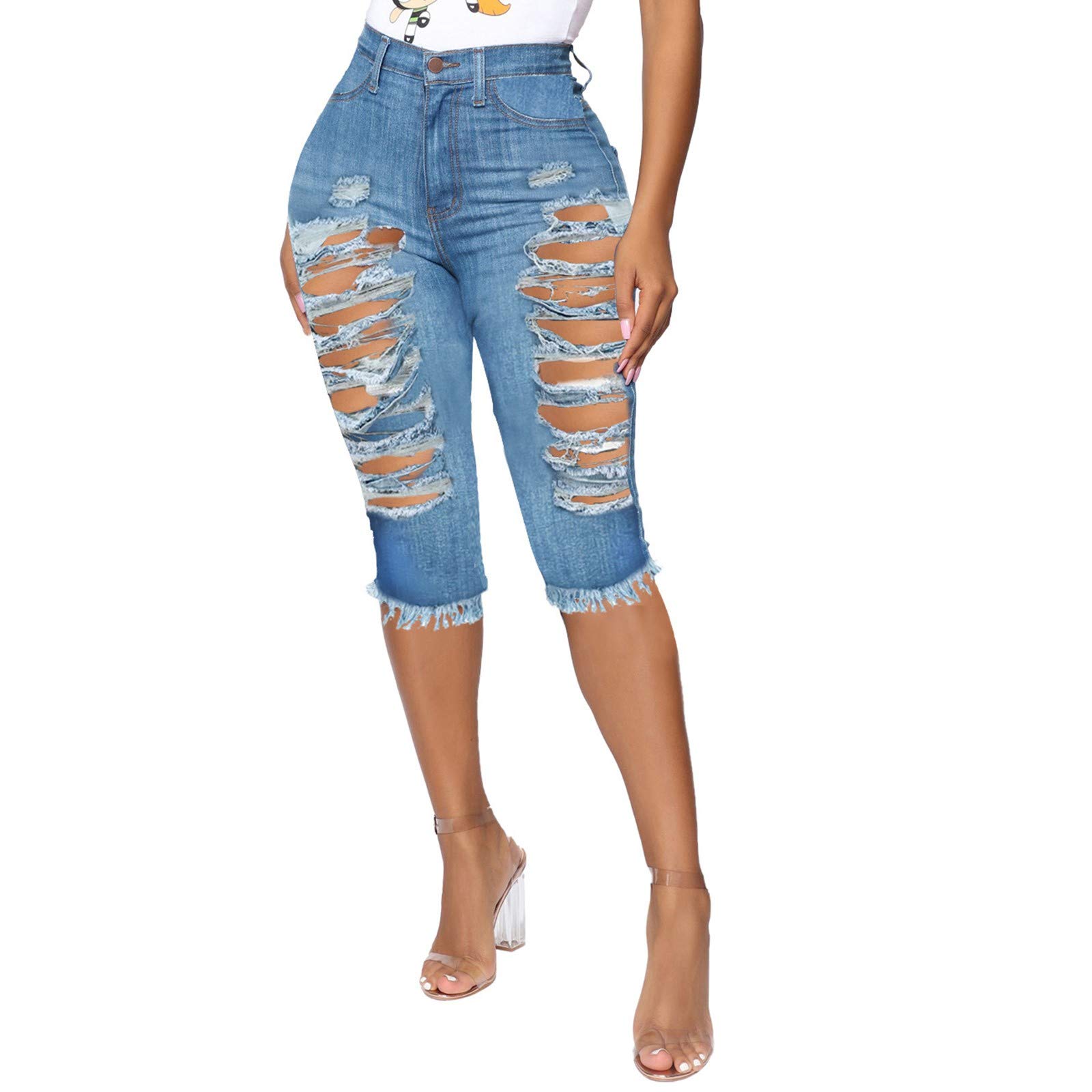 Bnaona Women's Mid Rise Distressed Ripped Jeans with Rolled Hem & Pockets - Casual Streetwear for Everyday Wear