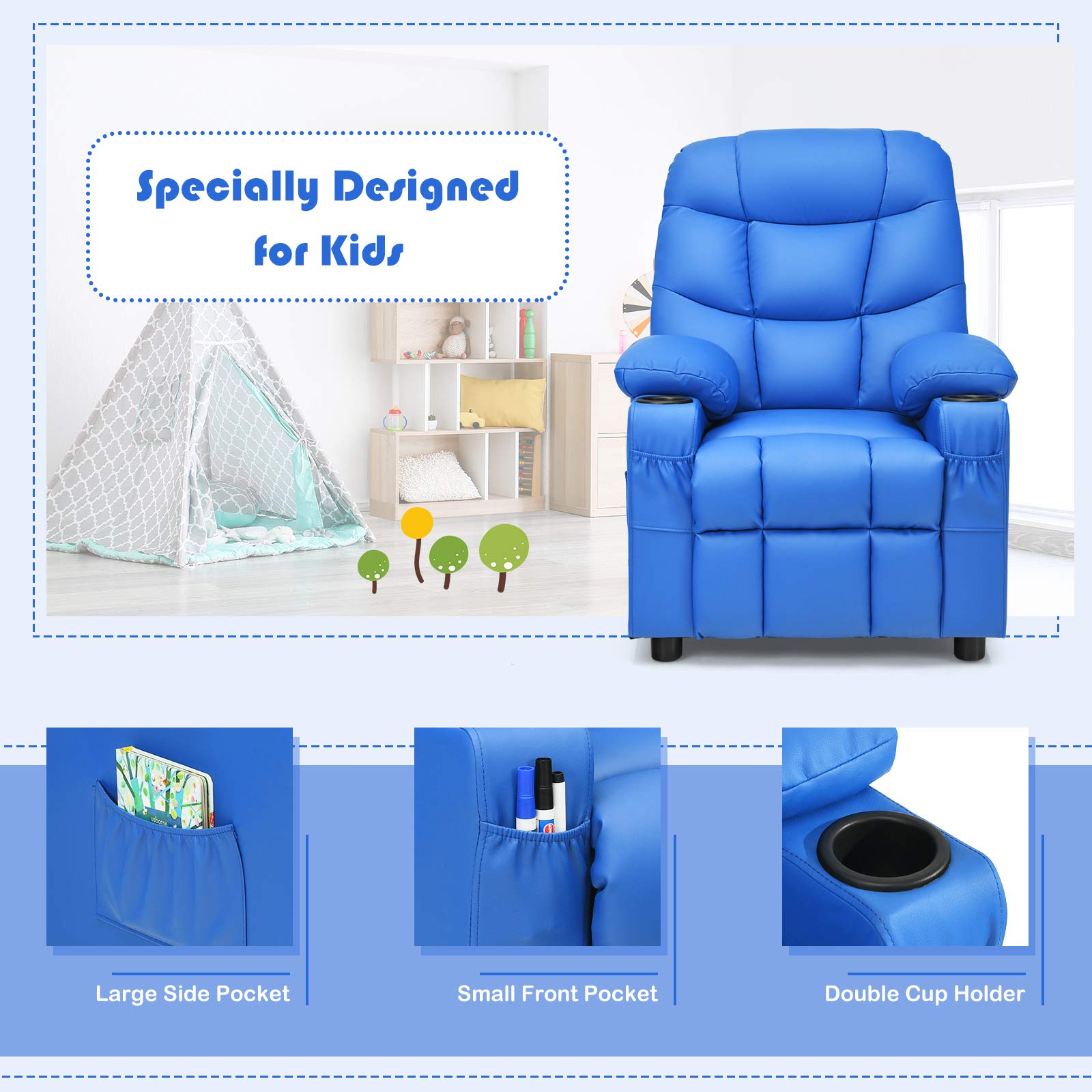 Kids Recliner Chair with 2 Cup Holders & 3 Pockets - Adjustable PU Leather Toddler Sofa for Boys Girls Age 3+ (Blue) - Perfect for Playroom, Bedroom, Movie Nights & Relaxation