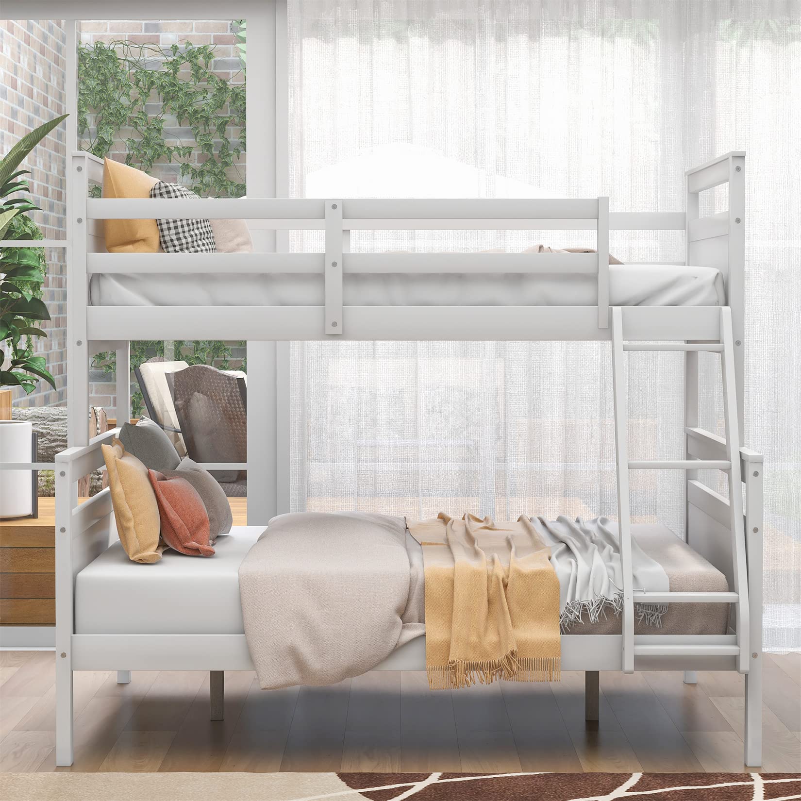 Twin Over Full Bunk Bed - Convertible Wood Frame for Kids & Teens - White - Perfect for Shared Bedrooms & Space Saving