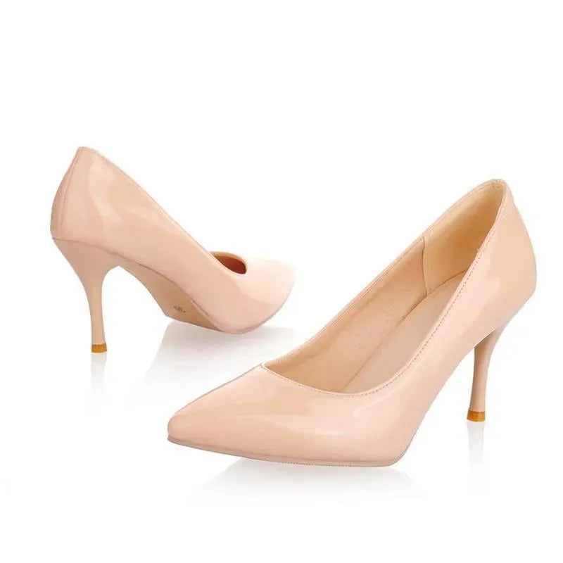 Stylish Solid Patent Leather Heeled Pumps - Women's Classic Pointed Toe High Heel Dress Shoes for Office, Party & Special Occasions