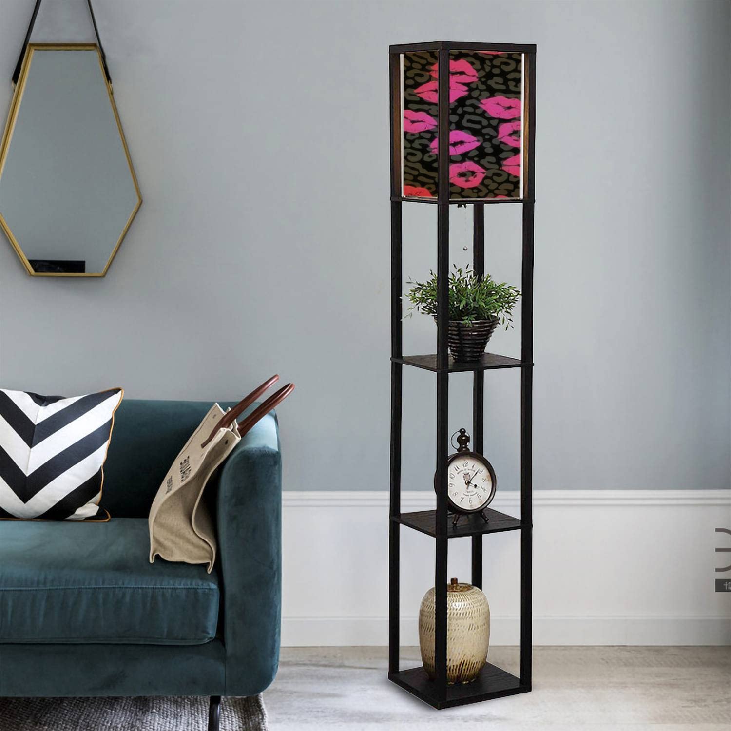 Seamless Repeat Standing Floor Lamp with Shelves & Flaxen Fabric Shade - Tall Corner Lamp for Living Room, Bedroom, Office - Modern Aesthetic Home Decor Lighting for Reading & Relaxation