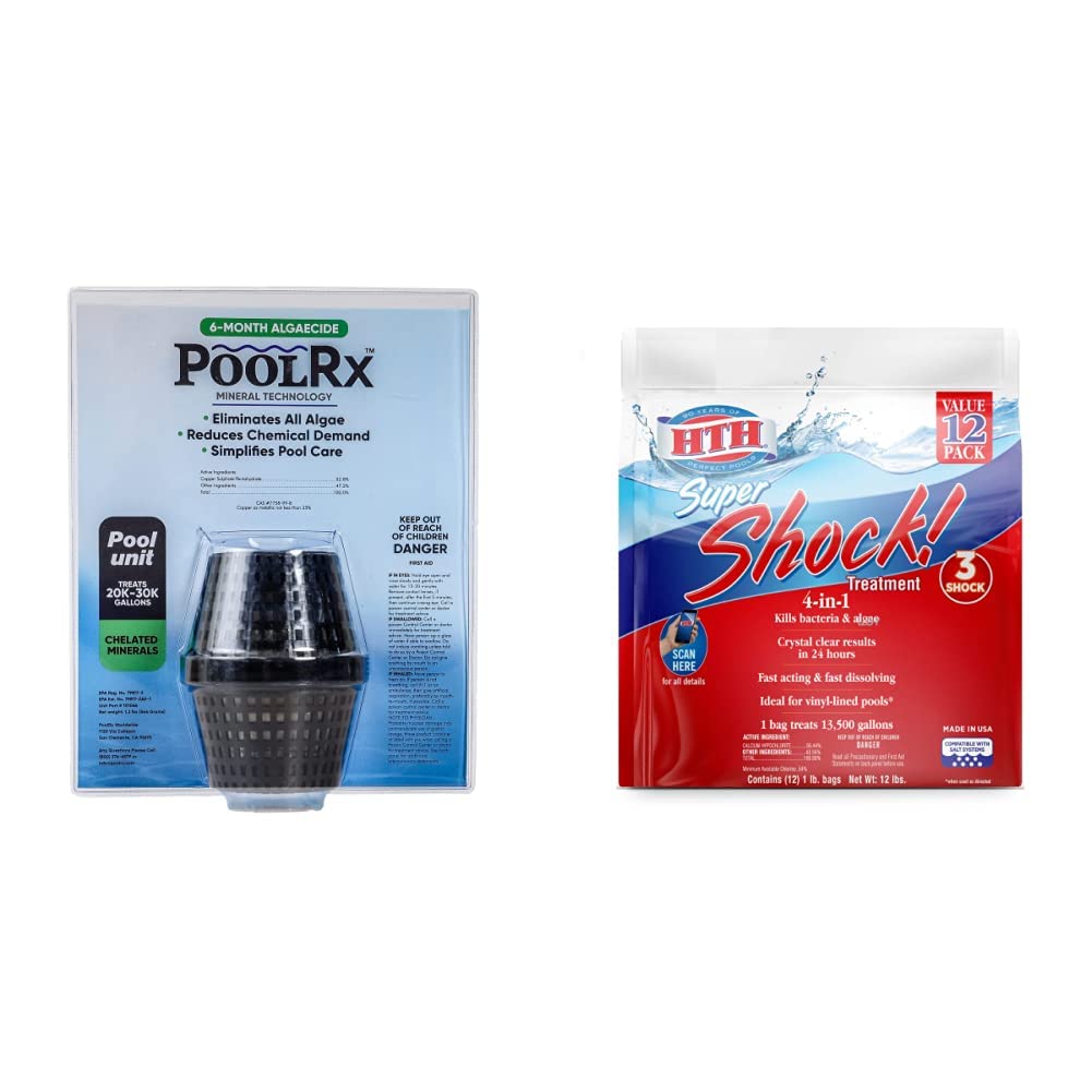 **Pool RX 101066 6-Month Algaecide for Pools (20k-30k Gallons) & HTH 52026 Super Shock Treatment (1 lb, Pack of 12) – Swimming Pool Chlorine Cleaner for Crystal Clear Water – Ideal for Backyard, Inground, and Above Ground Pools**