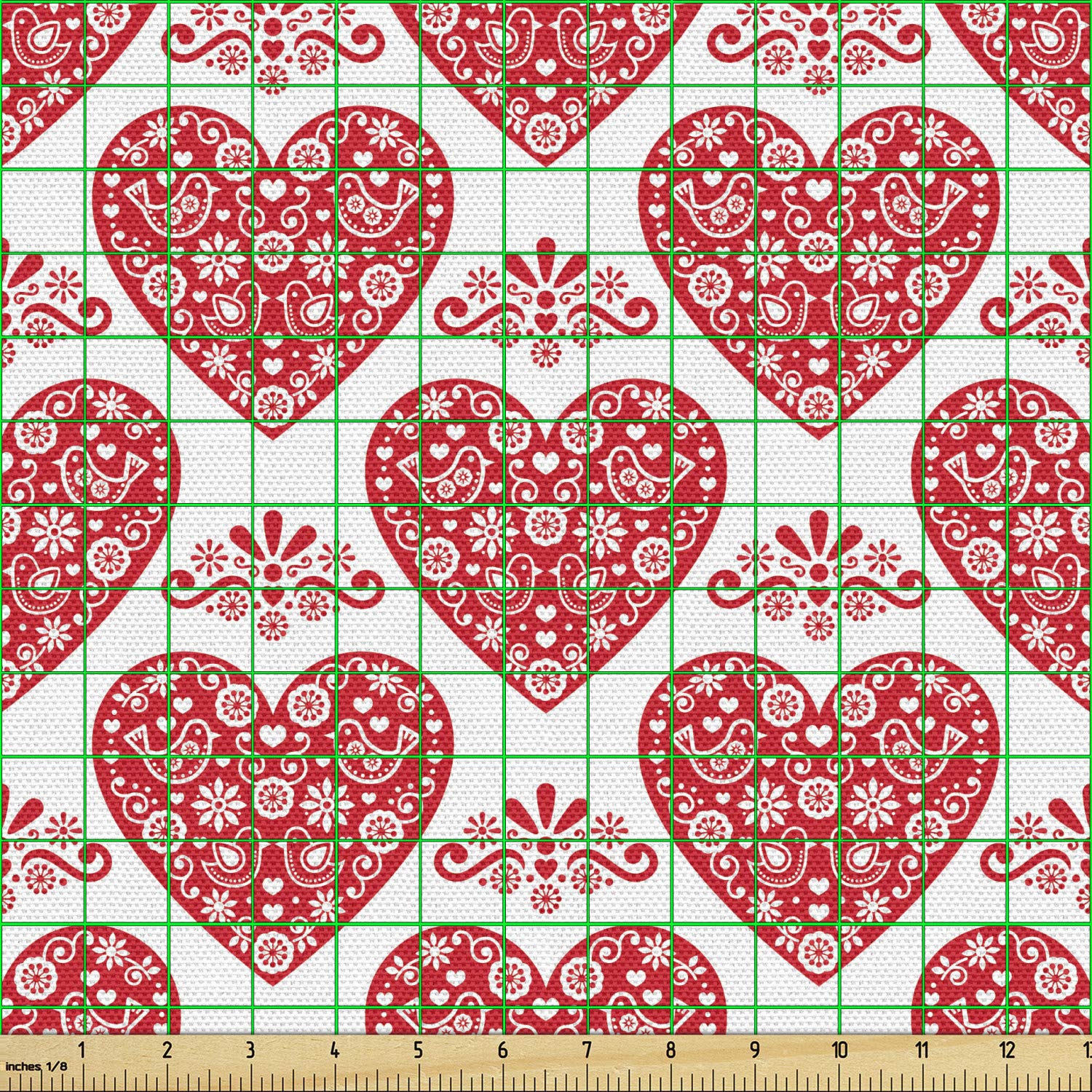 Ambesonne Norwegian Valentine's Day Fabric by The Yard - Heart, Floral & Bird Print Decorative Upholstery Material for Sofa, Curtains & Home Decor (10 Yards, Vermilion/White) - Perfect for Romantic Bedroom & Living Room Accents
