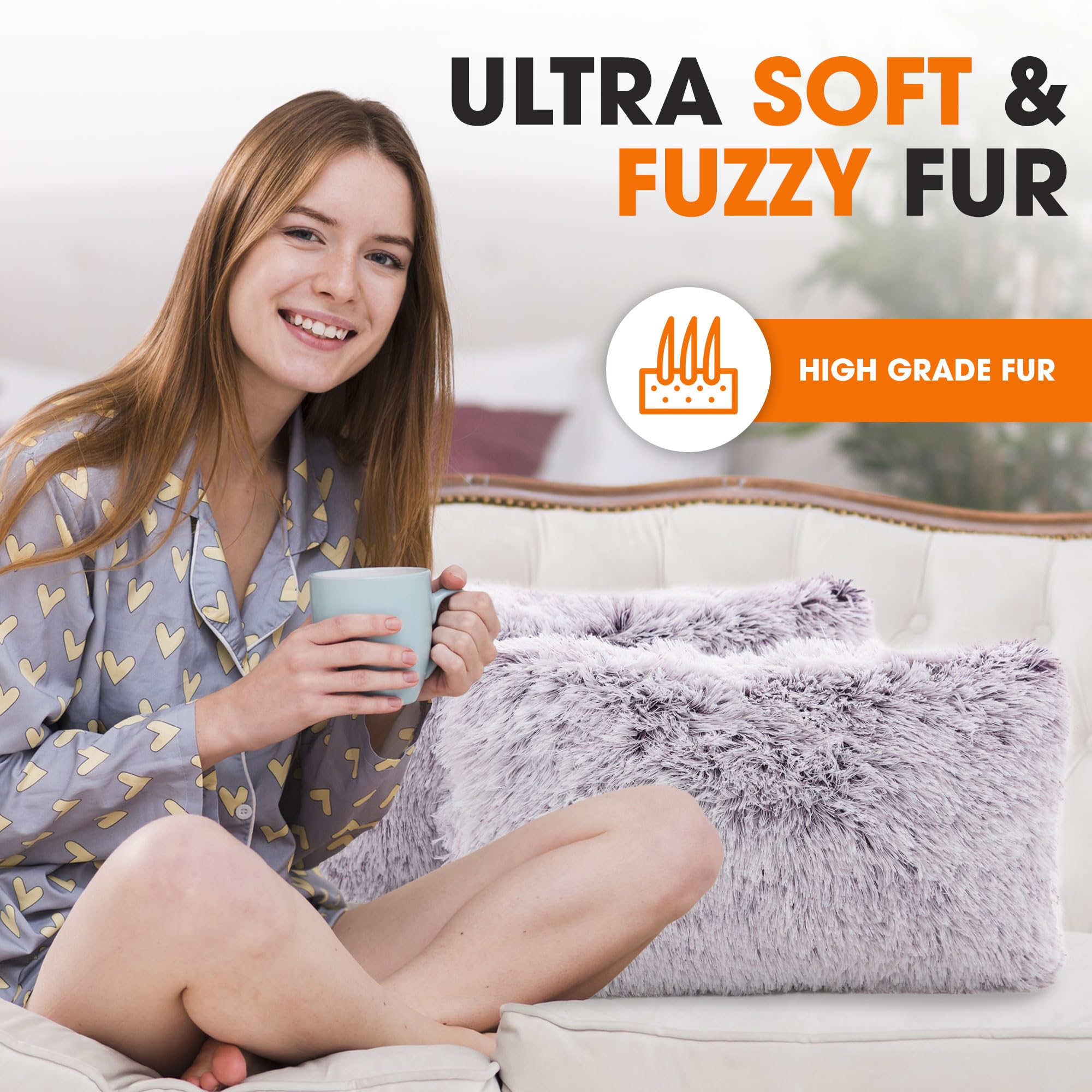 Soft Shaggy Throw Pillows for Couch & Bed - 12x20 Inch Cozy Long Hair Faux Fur Decorative Pillows with Inserts Included (Set of 2, Purple) - Perfect for Living Room, Bedroom & Home Decor