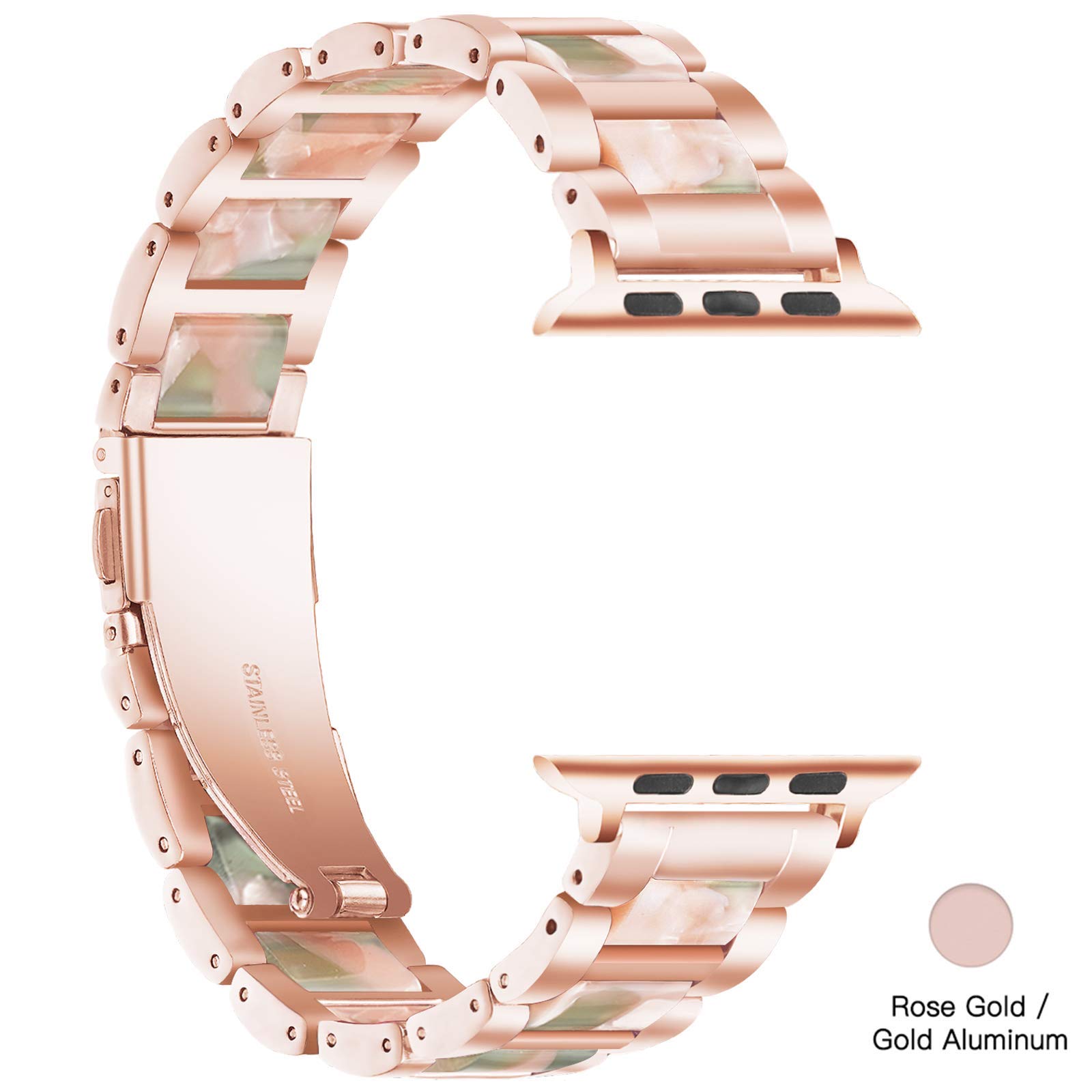 Luxury Resin & Stainless Steel Apple Watch Band for Women - Comfortable, Lightweight iWatch Strap Compatible with Series 9/8/7/SE/6/5/4/3/2/1 (Rose-Pink Green, 38mm/40mm/41mm) - Perfect for Workouts, Office & Everyday Fashion