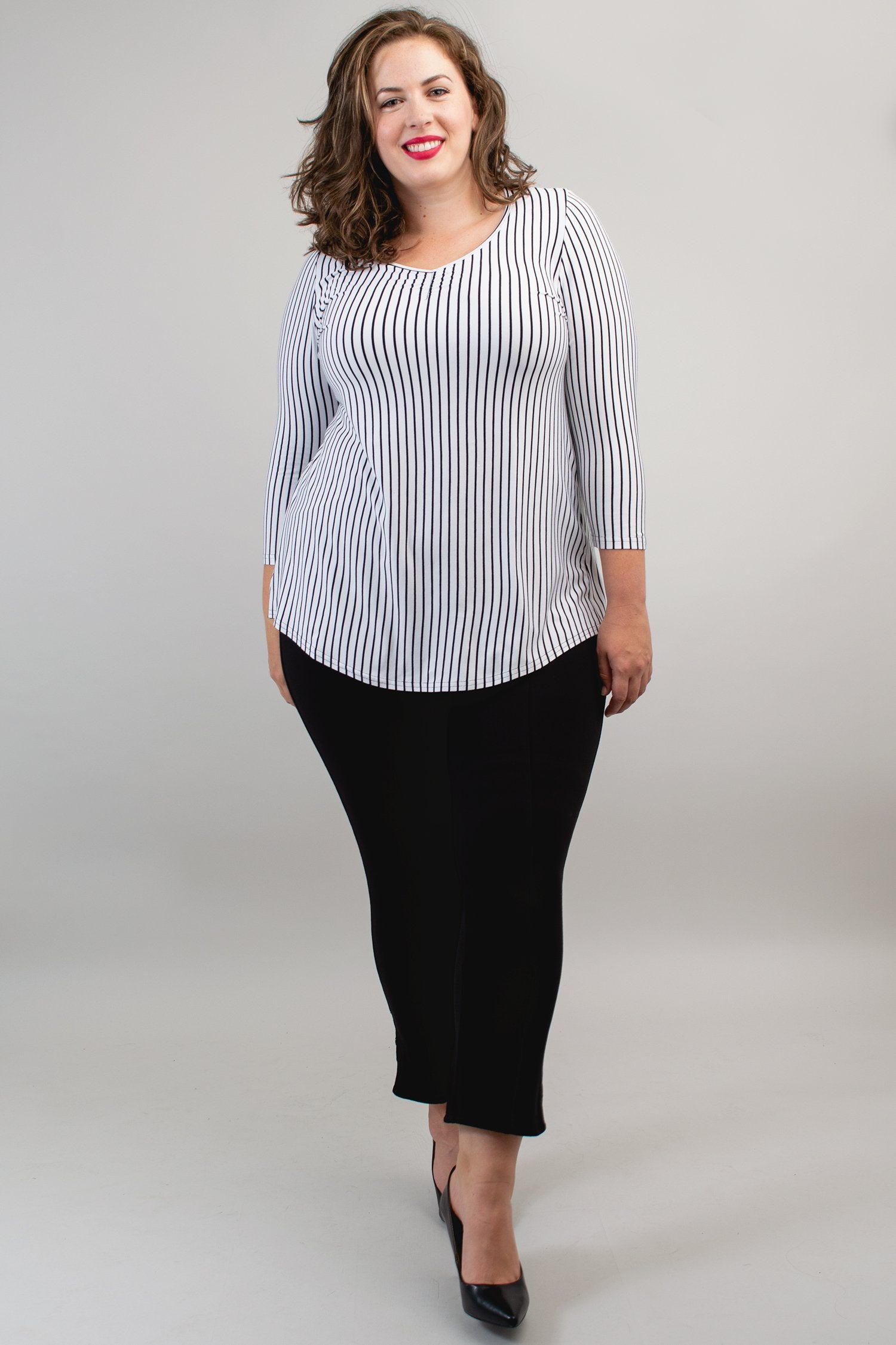Franny Top - White & Black Small Stripe Bamboo V-Neck T-Shirt for Women | Soft Breathable Eco-Friendly Fabric | Perfect for Casual Wear, Yoga & Summer Outfits