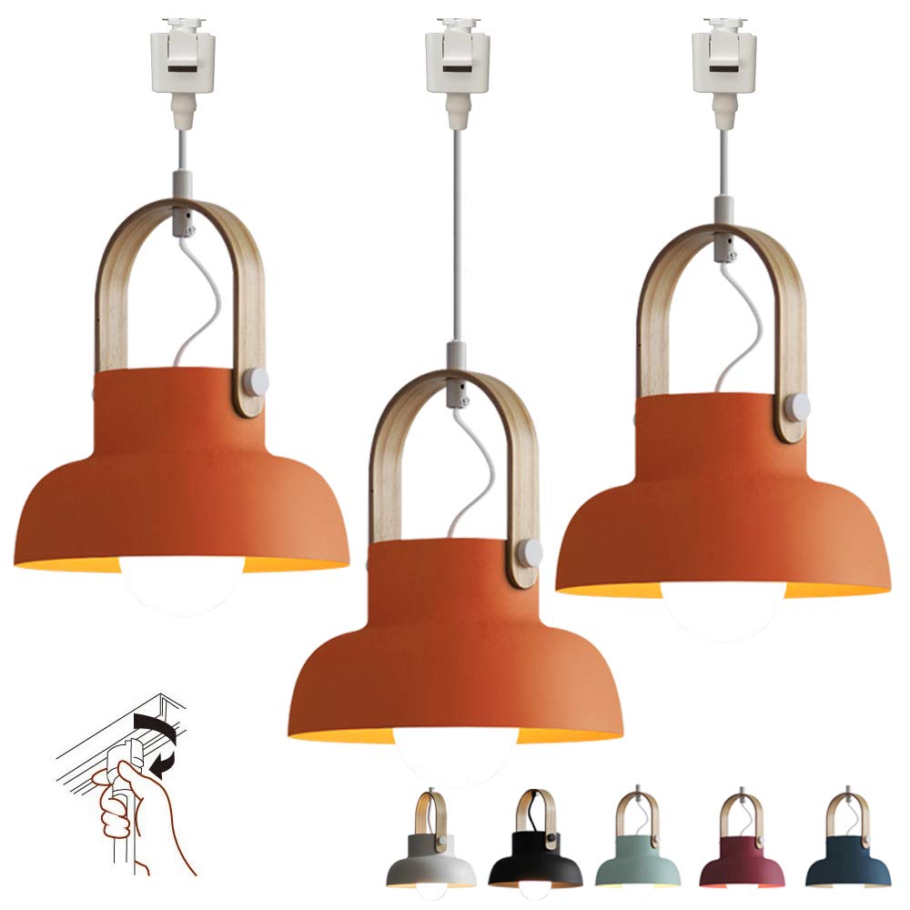 Dimmable Modern Juno-Style Track Pendant Light with Wooden Handle & Peach Iron Shade - 3-Light Adjustable Kitchen Island Lighting for Dining Room, Cafe, and Home Decor