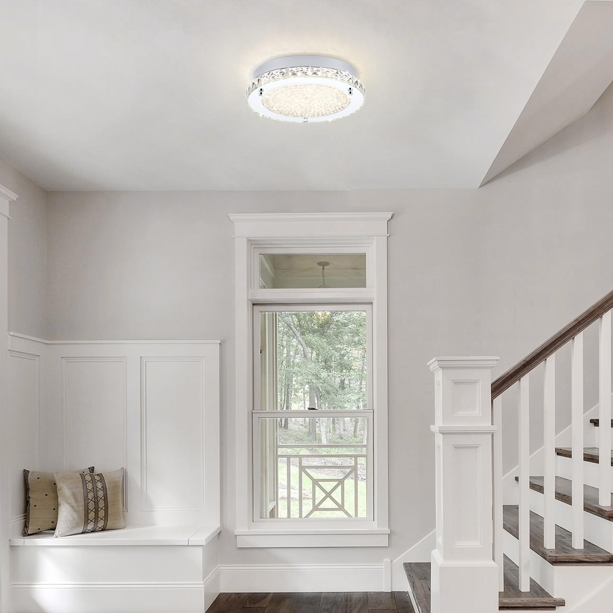 Dimmable Crystal LED Ceiling Light Fixture - 24W 4000K Daylight Flush Mount for Kitchen, Bedroom, Bathroom & Living Room | Elegant Lighting for Hallways & Home Decor