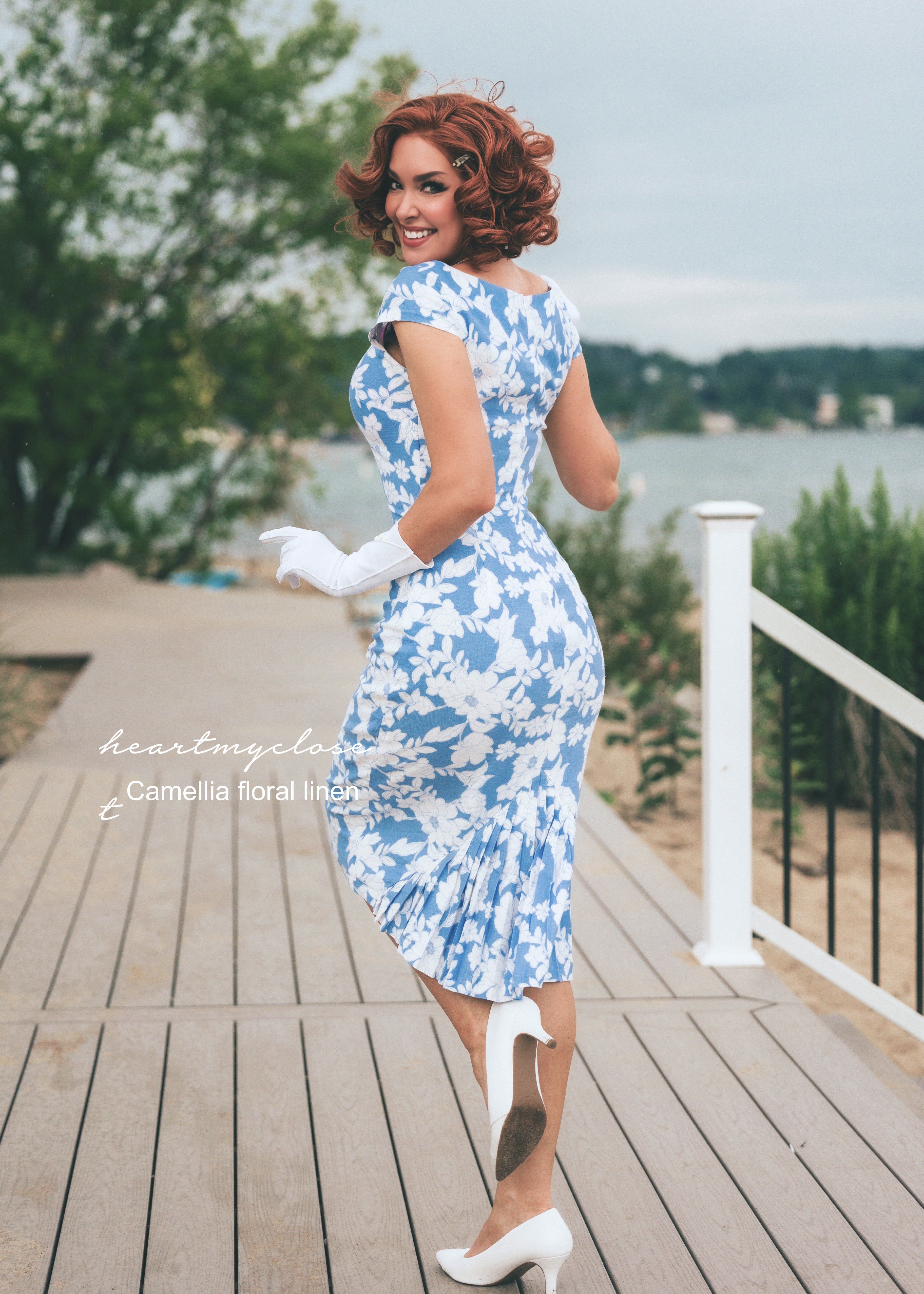 Elegant Camellia Floral Linen Pleated Back Pencil Dress for Women | Summer Office & Wedding Guest Outfit