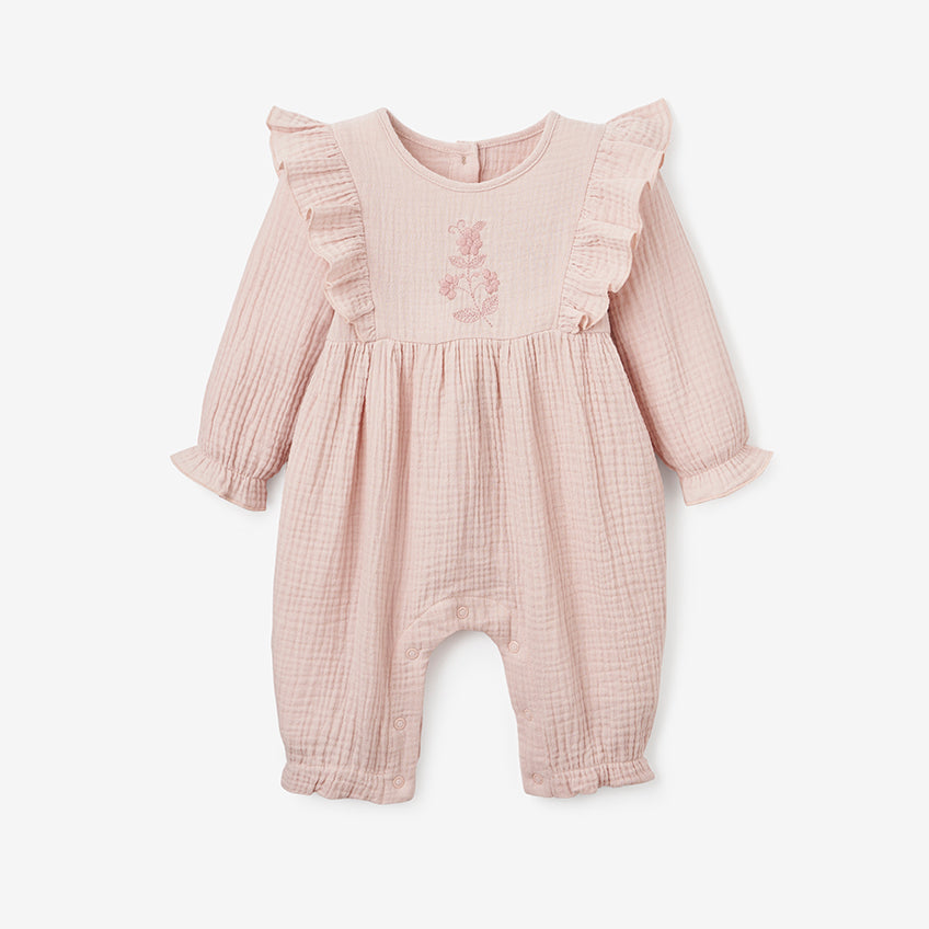 Organic Muslin Baby Jumpsuit - Soft & Breathable Cotton for Newborns & Infants - Perfect for Playtime, Sleep & Photo Shoots - Warm Blush Color