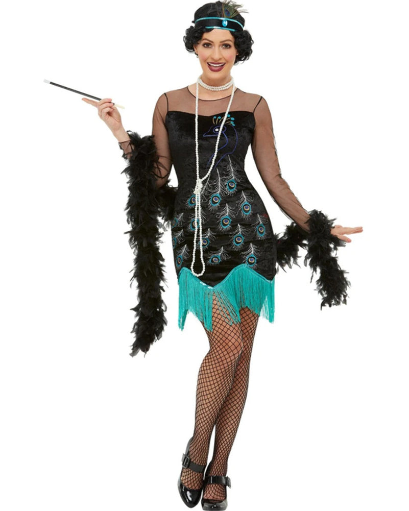 20s Peacock Fringe Flapper Dress - 1920s Gatsby Party Costume for Women - Roaring Twenties Themed Outfit for Halloween, Burlesque Shows & Vintage Dance Parties
