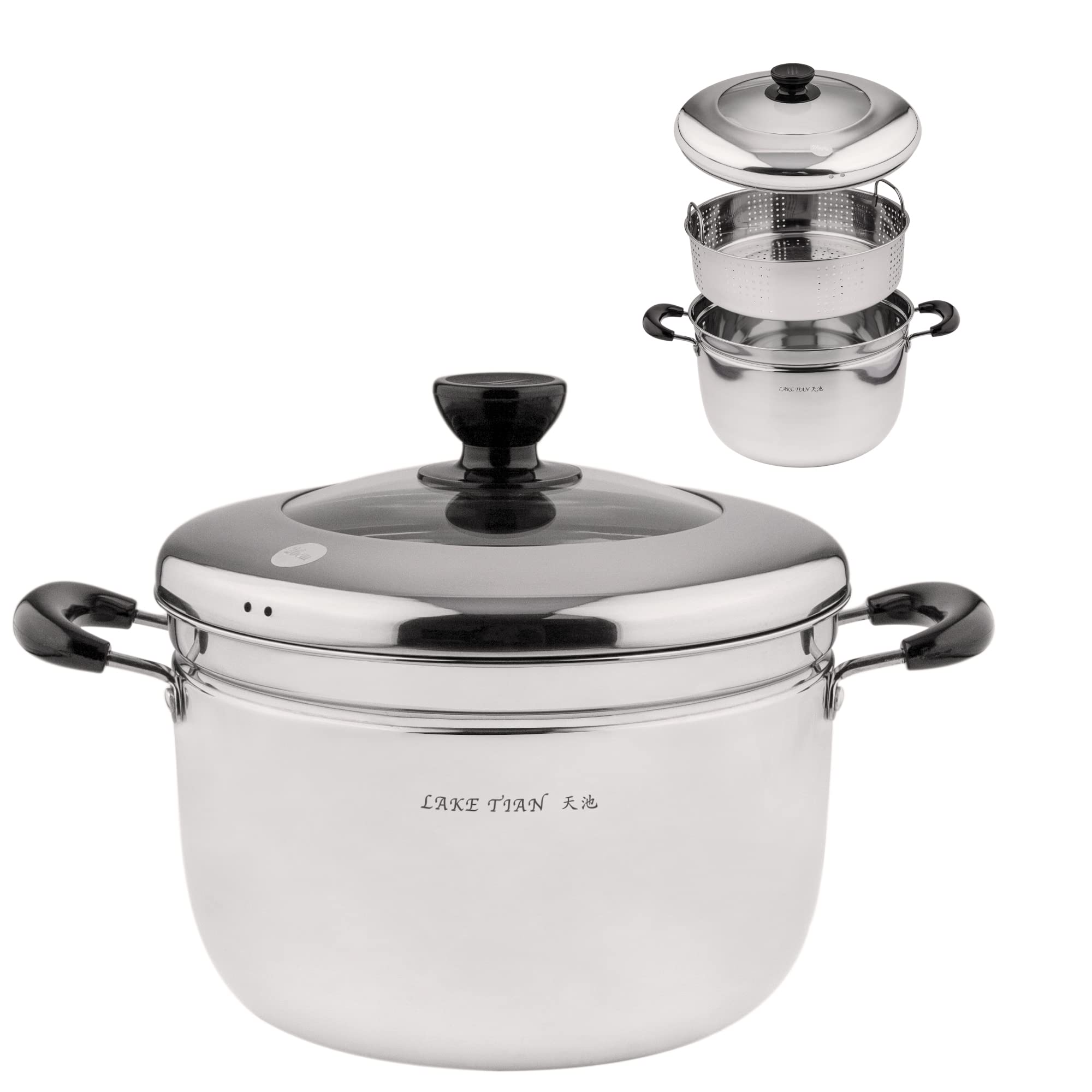 Premium 2-Tier Stainless Steel Steamer Pot Set with Insert Basket & Tempered Glass Lid - 6QT (22cm/8.7in) - Dishwasher Safe Cookware for Healthy Cooking - Perfect for Vegetables, Dumplings, Seafood & Meal Prep