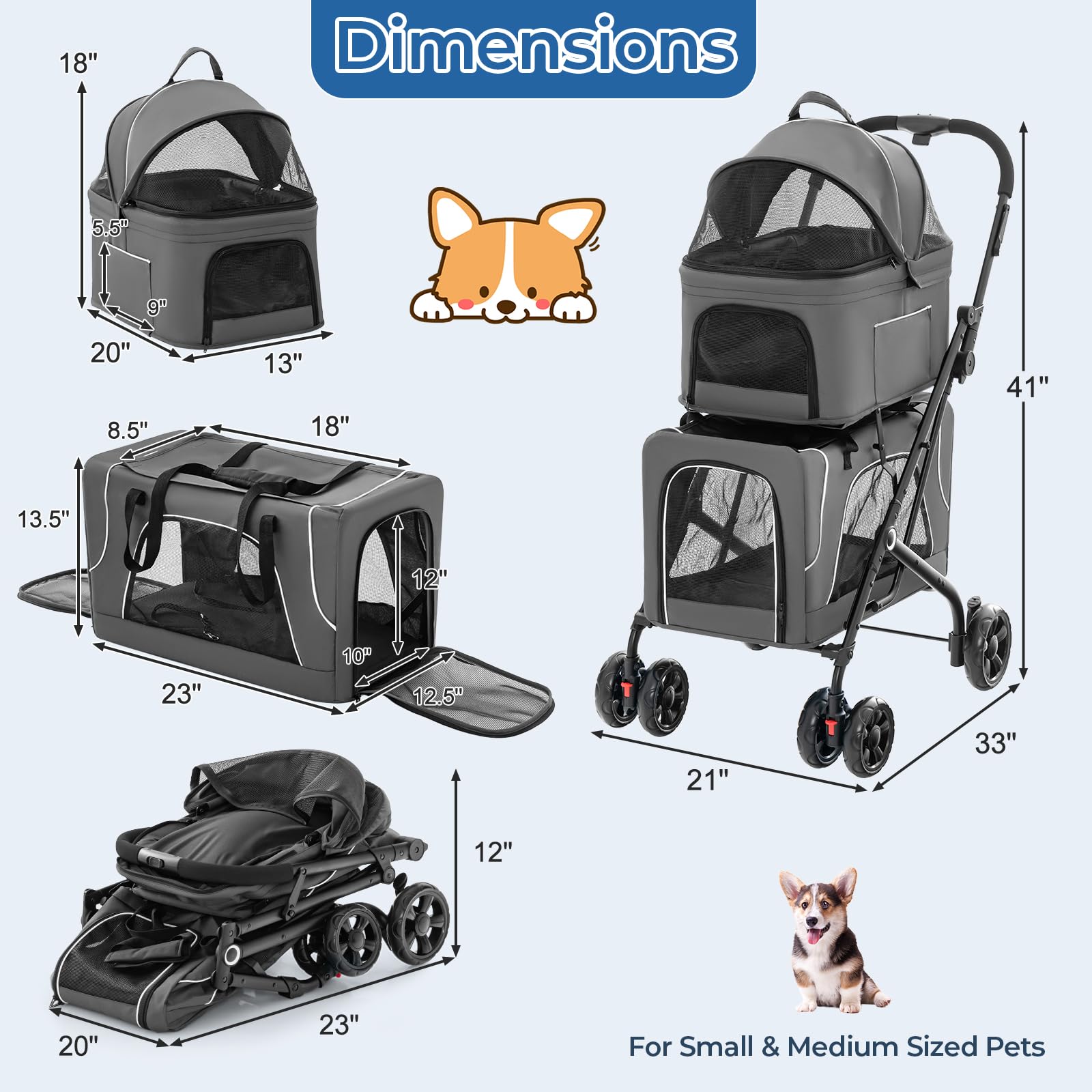 Giantex Double Dog Stroller for 2 Small Medium Dogs - Foldable Pet Stroller with Detachable Carriers, Safety Belt & 4 Lockable Wheels | Cat & Dog Travel Carrier for Outdoor Walks, Park Visits & Vet Trips (Gray)