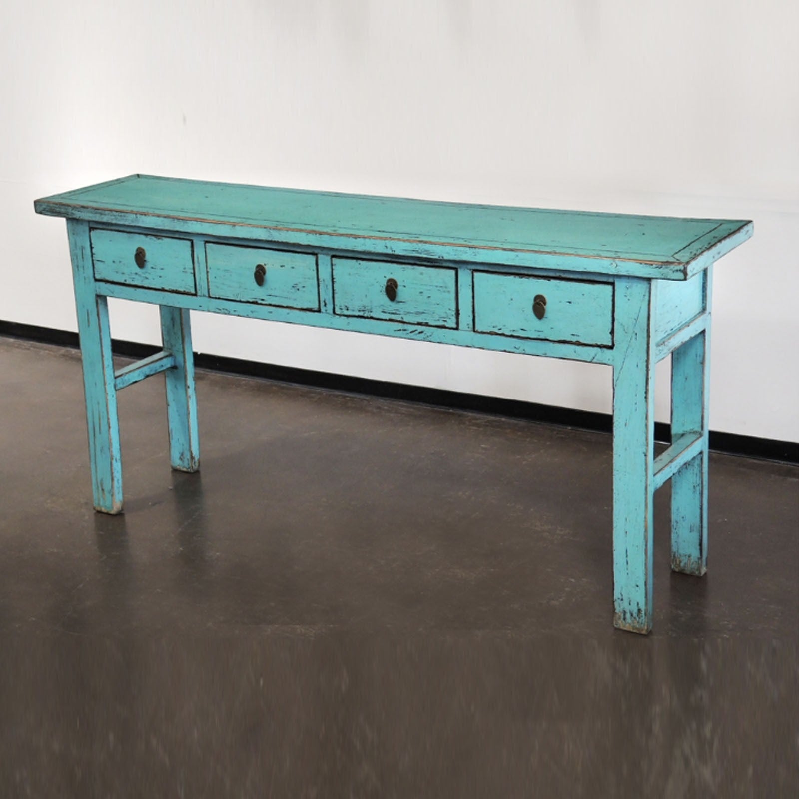 Golden Dragon Oriental Painted Solid Wood 4-Drawer Hall Table in Turquoise Blue - Perfect for Entryway Decor, Living Room Storage & Asian-Inspired Home Furnishing