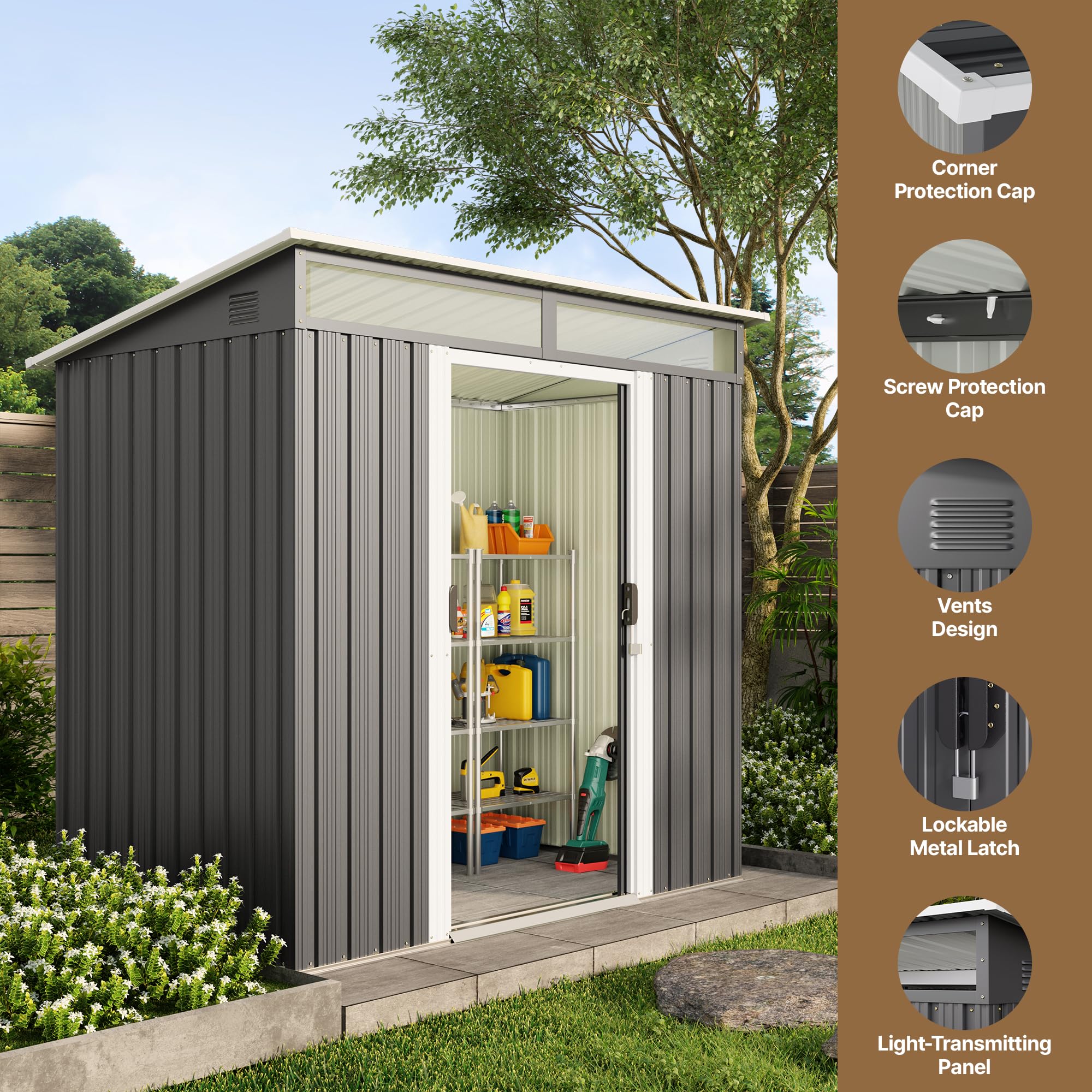 Gizoon 6x4 ft Metal Outdoor Storage Shed with Sliding Lockable Doors & Transparent Panel Windows - Durable Garden Shed for Tools, Bikes & Backyard Storage - Perfect for Patio, Yard & Outdoor Organization (Dark Gray)