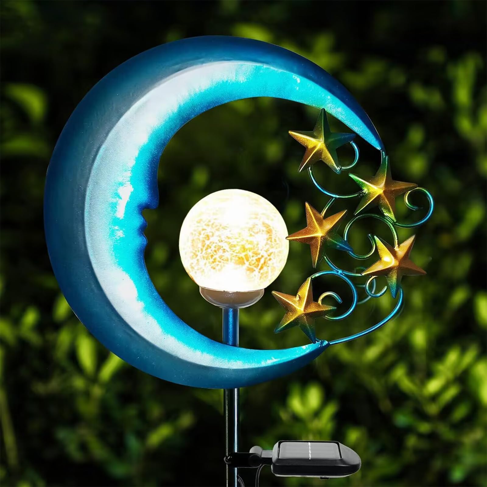 Solar Powered Outdoor Garden Lights - Waterproof Crackle Glass Globe LED Landscape Lighting for Pathway, Yard, Lawn, Patio | Decorative Moon & Stars Design for Garden, Walkway, Driveway, Backyard Lighting