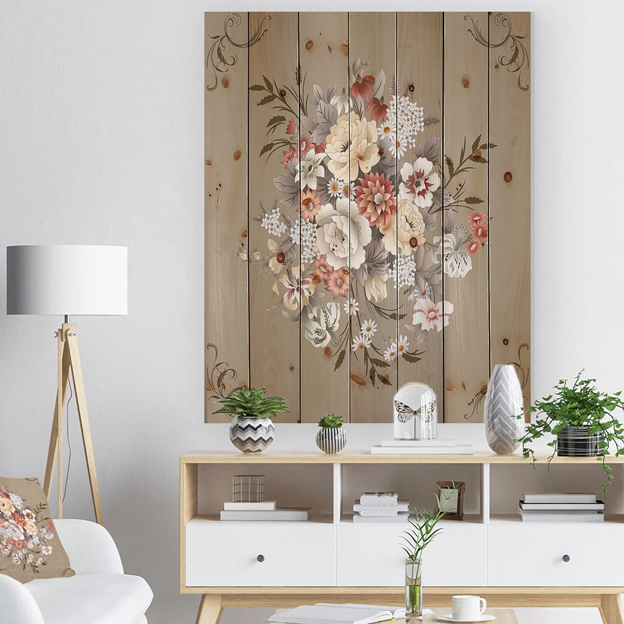 White and Yellow Floral Pattern Nautical Coastal Wood Wall Decor - Large Printed Pine Wood Wall Art for Beach House, Living Room & Bedroom Décor