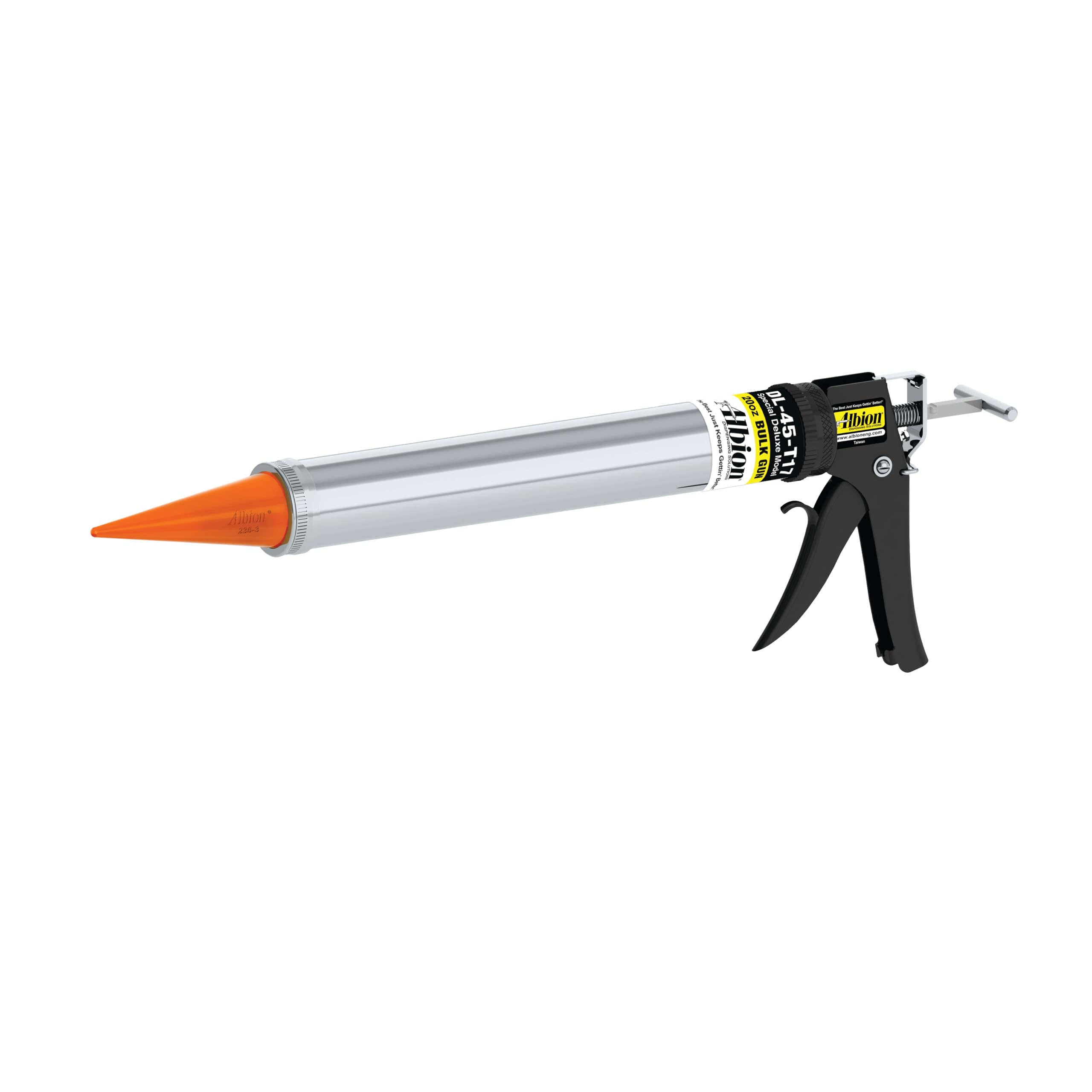 Albion DL-45-T17 Professional Heavy Duty Manual Caulking Gun - 20 oz Capacity with Metal Nozzle, Adapter & 3 Orange Cone Tips - Perfect for Construction, Sealant Application & DIY Home Projects