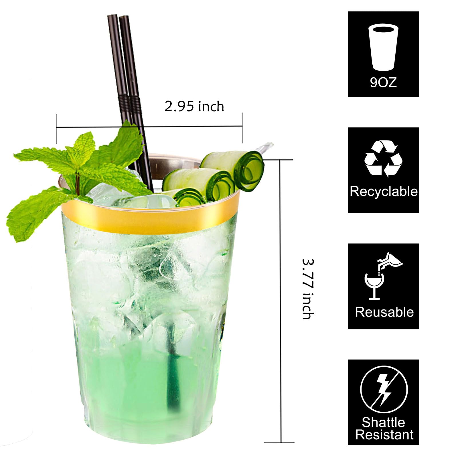 200 Pack 10 oz Gold Rimmed Plastic Cups - Clear Disposable Wine Glasses for Parties, Weddings & Cocktails - Elegant Drinking Tumblers for Celebrations & Special Events