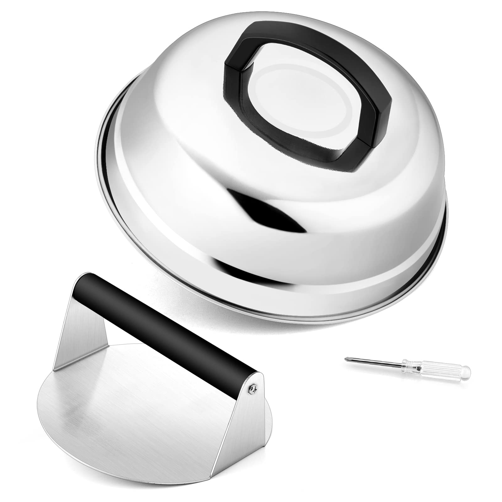 HaSteeL 9-Inch Melting Dome & 7-Inch Burger Press Set - Stainless Steel Bacon Press with Round Basting Steam Cover - Professional Griddle Accessories for Teppanyaki, Hibachi, Flat Top Grilling & BBQ - Perfect for Burgers, Melting Cheese & Pancakes - Easy to Clean & Durable
