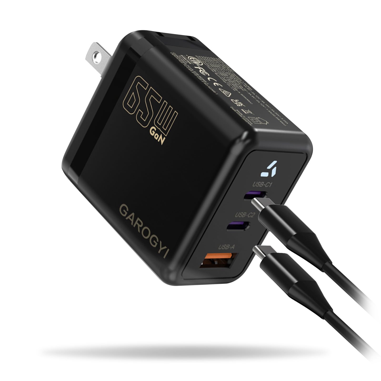 GAROGYI 65W GaN Fast Charger with 3 Ports, USB C Wall Charger Block & Cable for iPhone 15 Pro Max, iPad Pro, MacBook Air, Galaxy S23, XPS 13, Pixel 8 - Compact Foldable Design (Black) - Perfect for Travel, Office & Home Charging