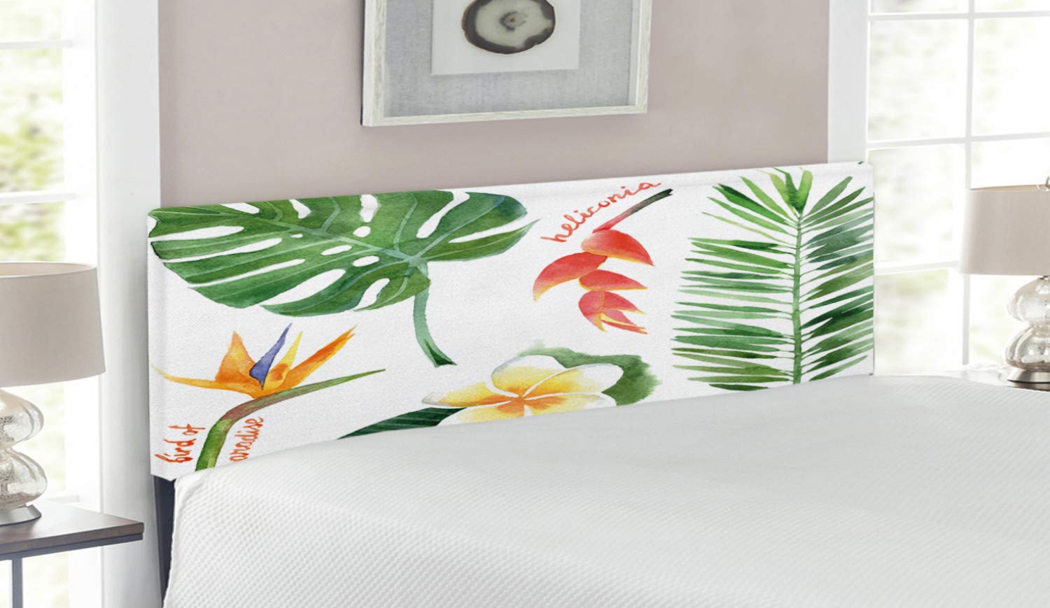 Ambesonne Queen Size Upholstered Metal Bed Headboard with Memory Foam - Tropical Bird of Paradise Palm Leaf & Exotic Flowers Watercolor Design in Earth Yellow & Fern Green | Perfect for Bohemian & Tropical Bedroom Decor