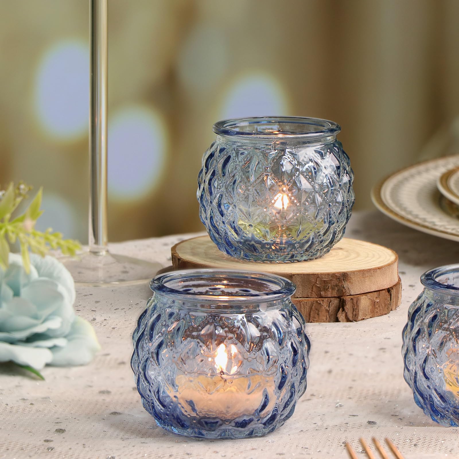 24-Pack Blue Glass Votive Candle Holders - Diamond Texture Round Tea Light Candle Containers for Wedding Centerpieces, Party Decor & Home Decoration | Perfect for Table Settings, Romantic Ambiance & Holiday Displays