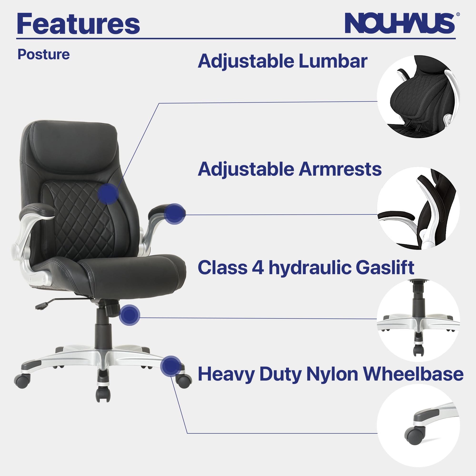 Nouhaus Posture Ergonomic PU Leather Office Chair with Click5 Lumbar Support & FlipAdjust Armrests - Modern Executive Desk Chair for Home & Office (Black) - Perfect for Long Work Hours, Gaming & Remote Work