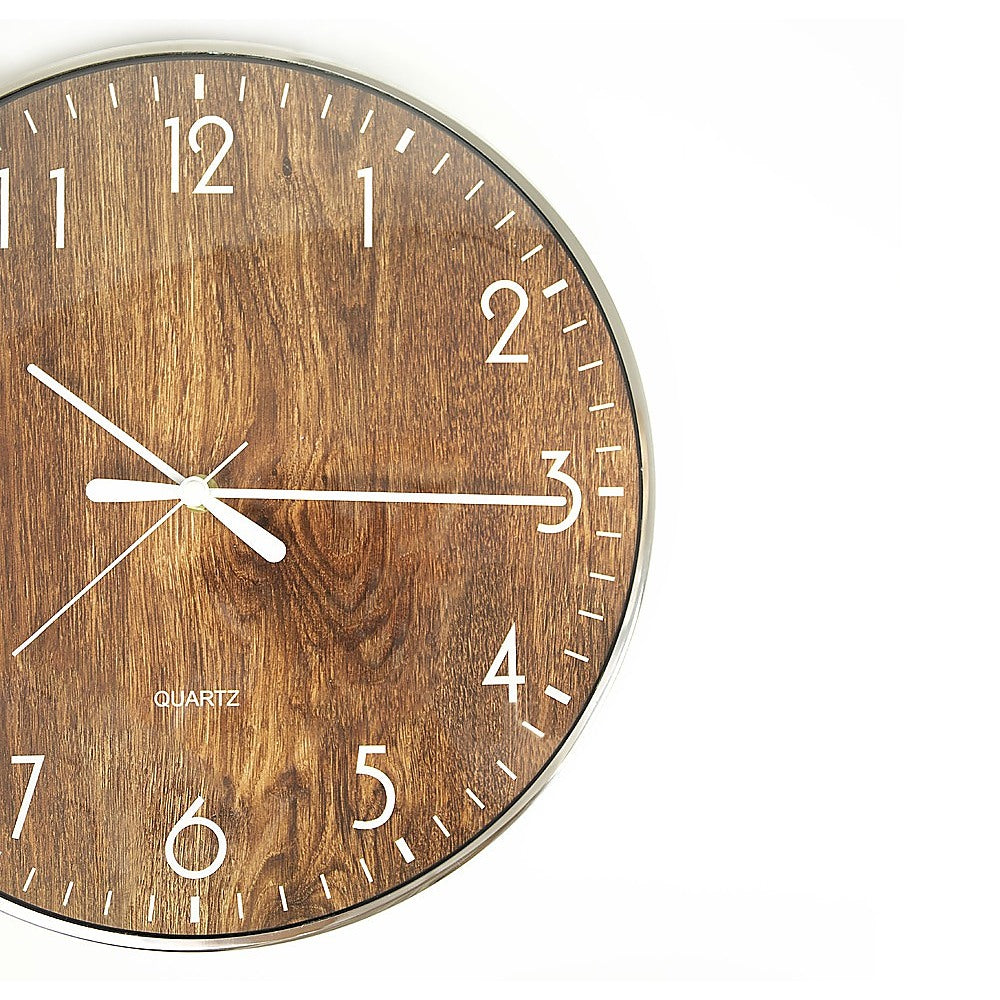 14 Inch Round Wall Clock - Silent Non-Ticking Quartz Battery Operated - Wood Grain Finish - Perfect for Living Room, Bedroom, Office & Home Decor