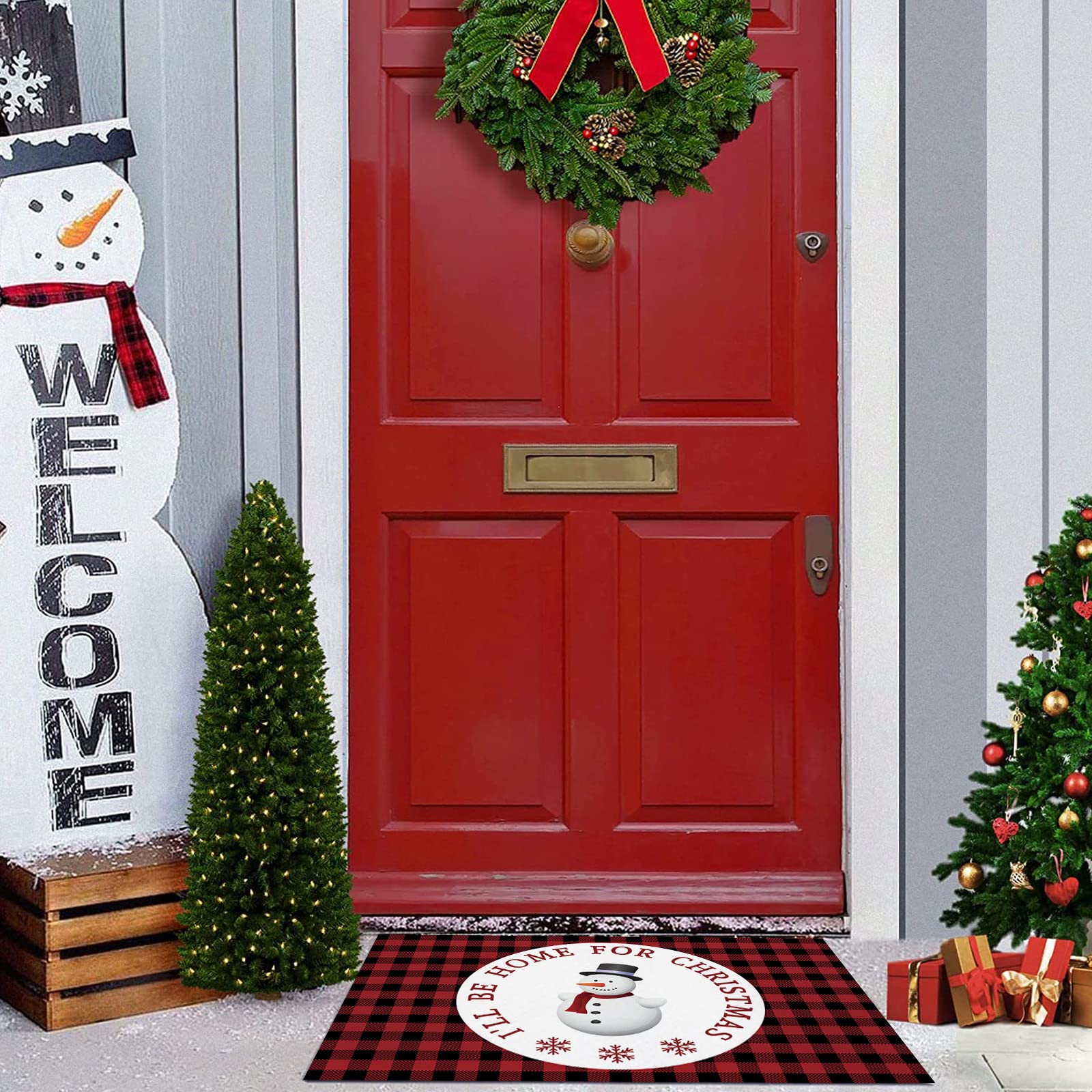 Red Buffalo Plaid Christmas Kitchen Mat - Anti-Fatigue Floor Rug with Snowman Design for Winter Home Decor | Perfect for Kitchen Organization, Standing Desk & Room Decor | Cozy Holiday Gift Idea