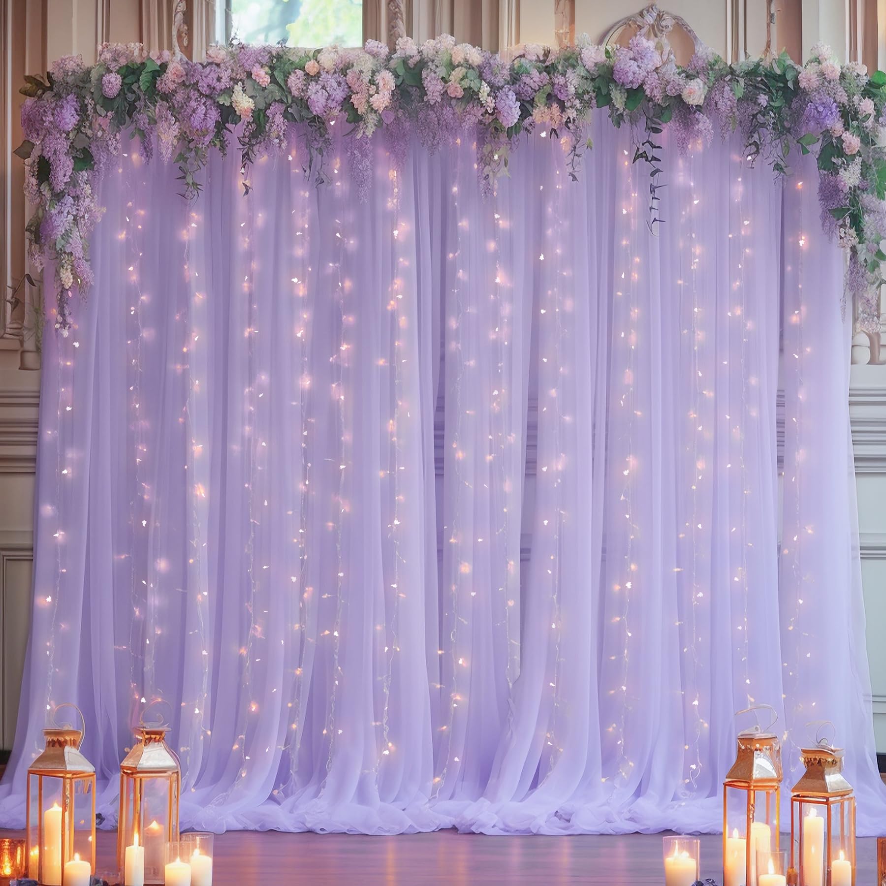 10x10ft Purple Tulle Backdrop Curtain with Fairy Lights - Sheer Wedding Photo Backdrop for Ceremony, Reception, Bridal Shower, Baby Shower & Birthday Party Decorations - Perfect for Indoor/Outdoor Events & Photography Background