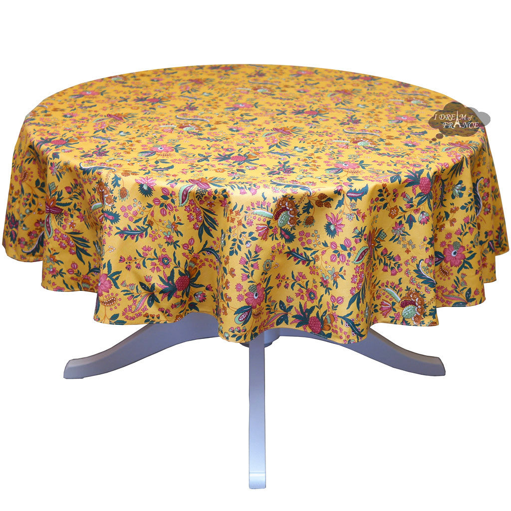 70 Round Versailles Yellow Acrylic Coated Cotton French Tablecloth by Le Cluny - Elegant Dining & Special Occasions