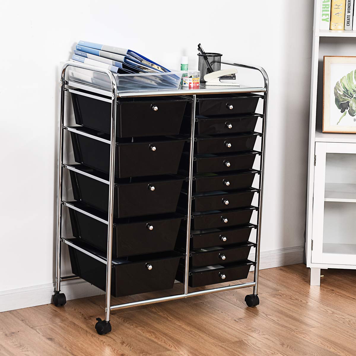 Giantex 15-Drawer Rolling Storage Cart - Mobile Organizer for Tools, Scrapbook Paper, Office & School Supplies - Black | Perfect for Craft Rooms, Workshops & Classroom Organization