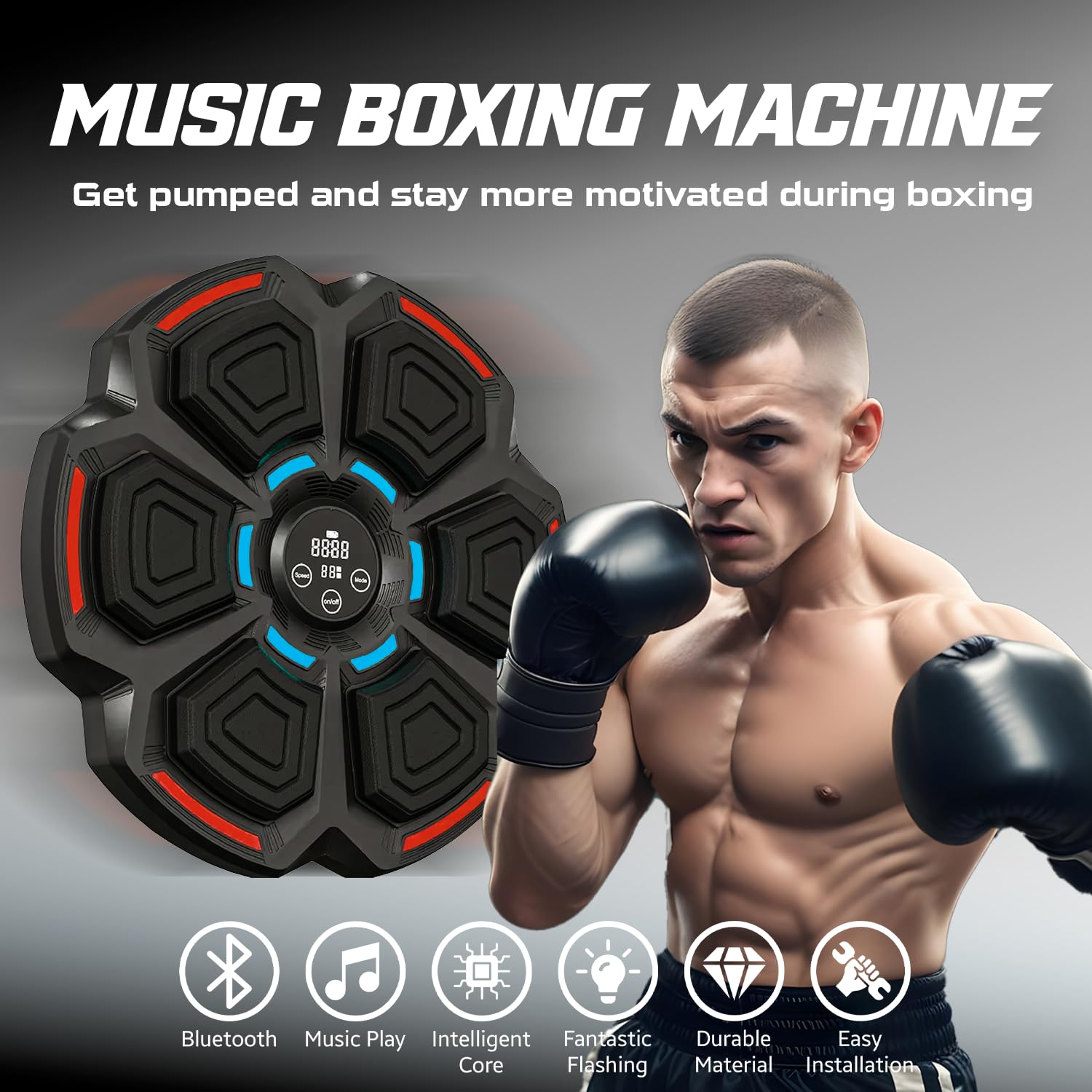 Music Boxing Machine for Adults & Kids - Wall Mounted Punching Bag with Gloves | Boxing Equipment for Home Gym, Fitness Training & Stress Relief