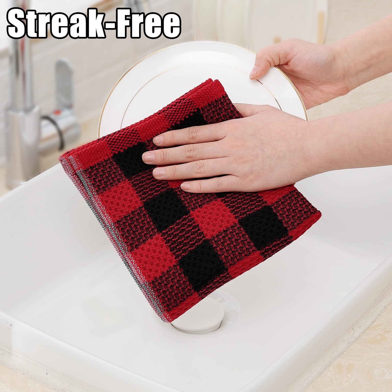 Premium Buffalo Plaid Cotton Kitchen Towels Set - 8 Pack Absorbent Waffle Weave Dishcloths (12