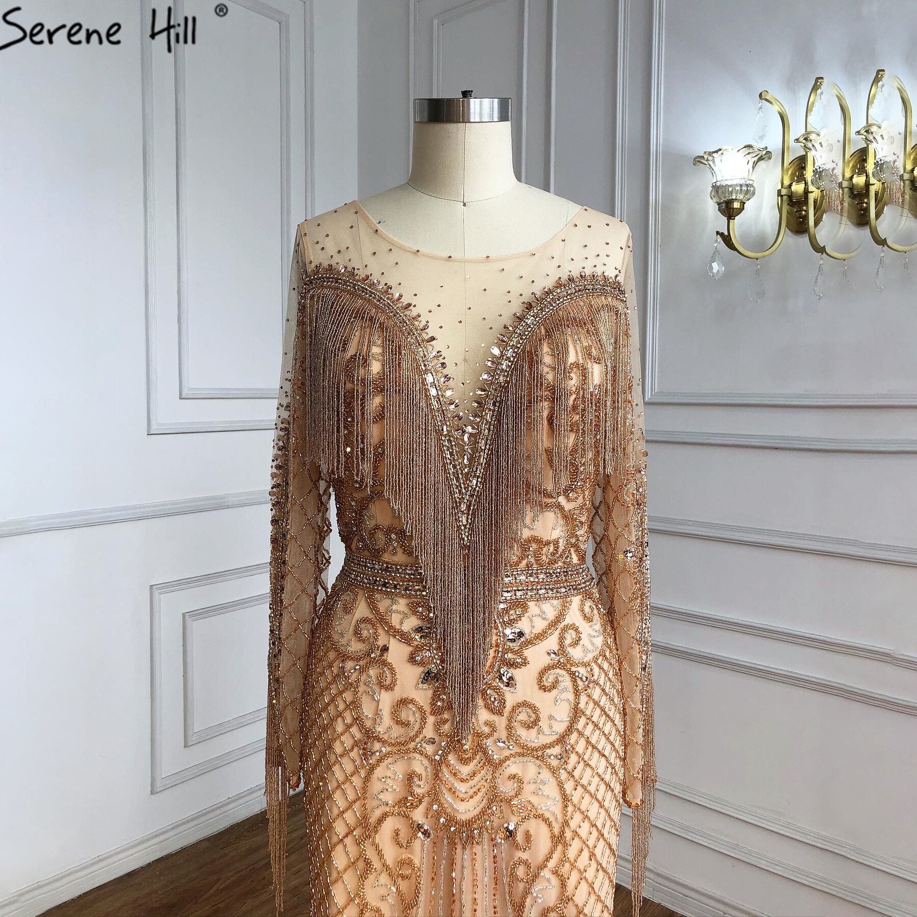 Luxury Muslim Gold Evening Dresses for Women 2025 - Elegant Beaded Tassel Gowns for Party, Wedding & Special Occasions | Serene Hill Collection LA60780
