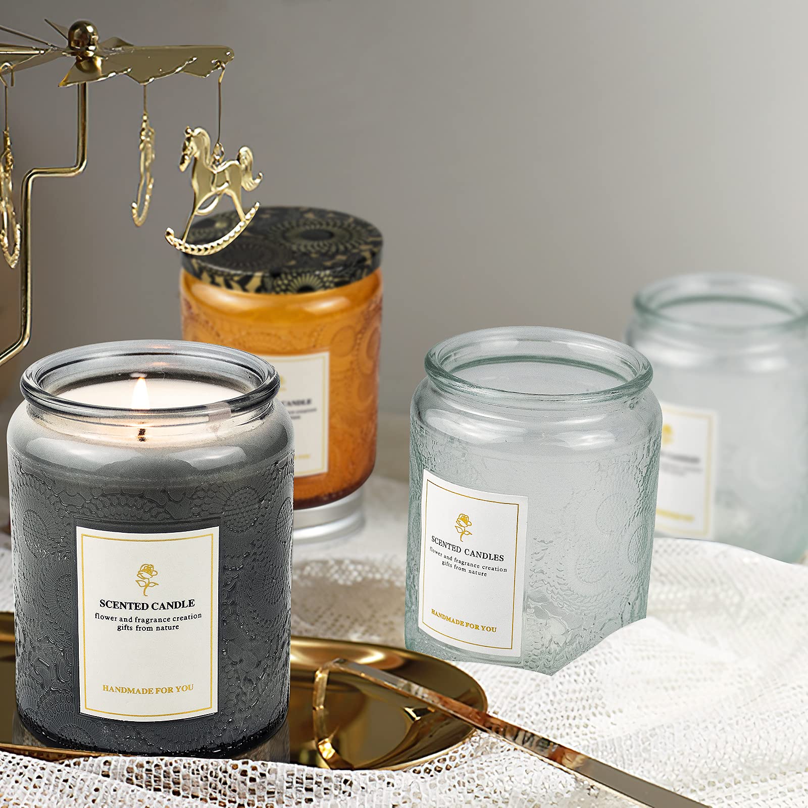 8.8OZ 9 Pack Embossed Glass Candle Jars with Tin Lids - DIY Candle Making Supplies with Warning Labels & Stickers - Perfect for Home Decor, Wedding Favors, and Craft Projects (Assorted Designs)