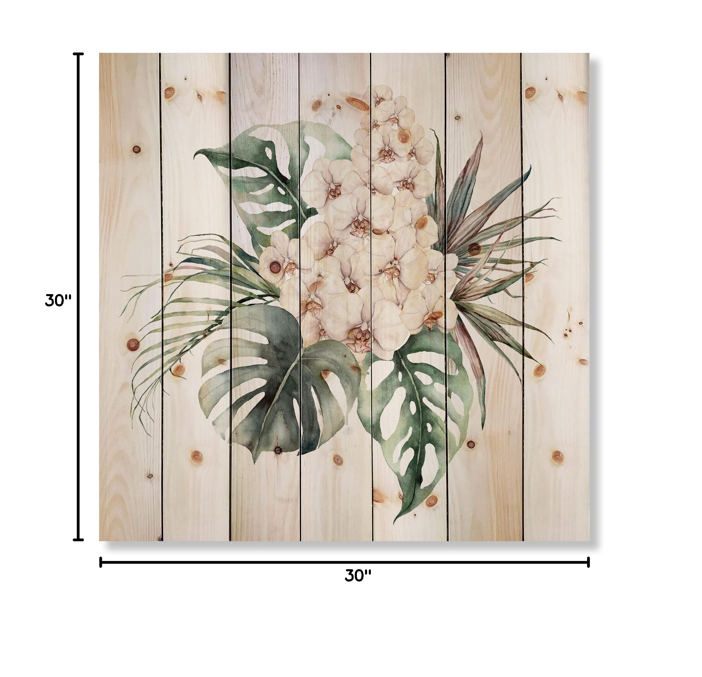 Orchid Monstera Coconut Leaves Wood Wall Decor - Large Floral Pine Wood Art Panel - Traditional Green Wood Wall Hanging for Living Room, Bedroom & Office Decor